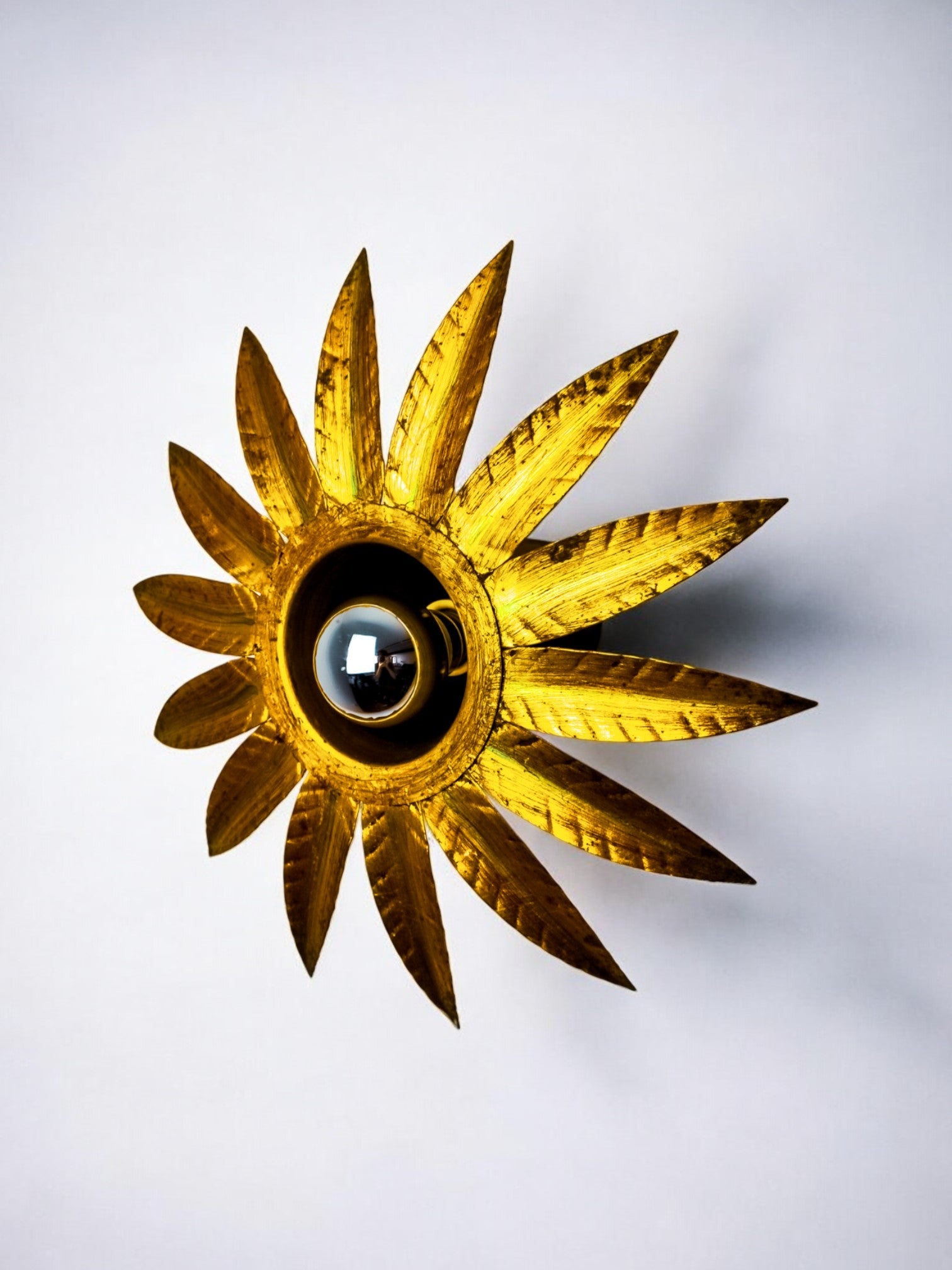 Sun wall lamp by ferro arte, metal and gold leaf, Spain, 1960