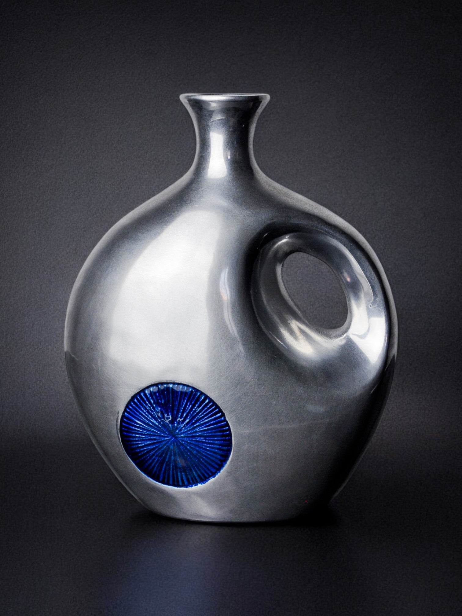 Biomorphic vase by Art3, aluminum and blue glazed ceramic, Spain, 1980