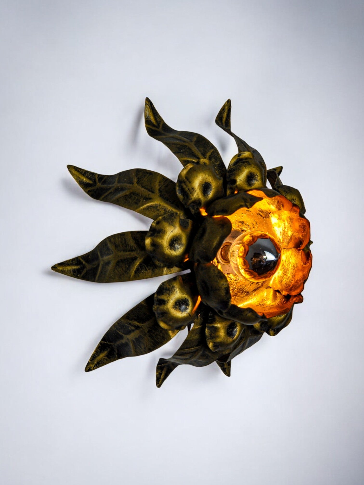 Sun wall lamp by ferro arte, metal and gold leaf, Spain, 1960