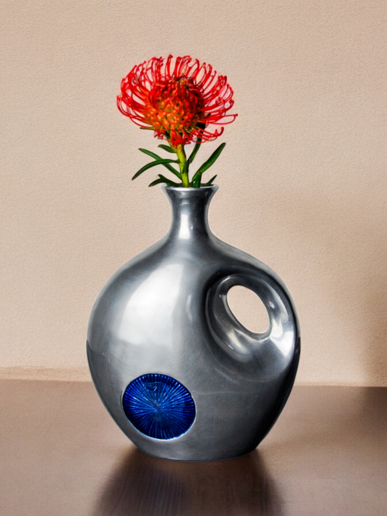 Biomorphic vase by Art3, aluminum and blue glazed ceramic, Spain, 1980