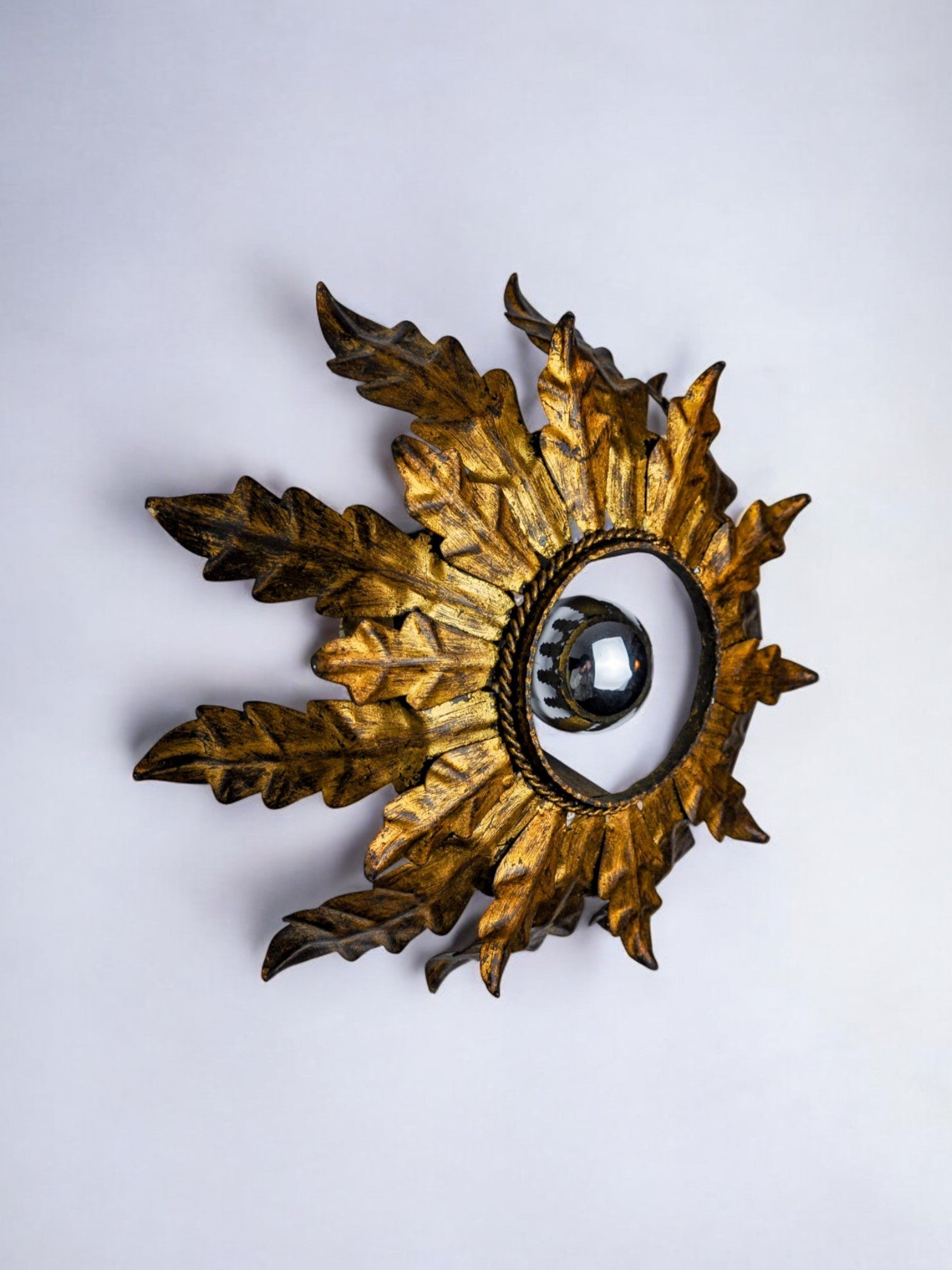 Sun wall lamp by ferro arte, metal and gold leaf, Spain, 1960