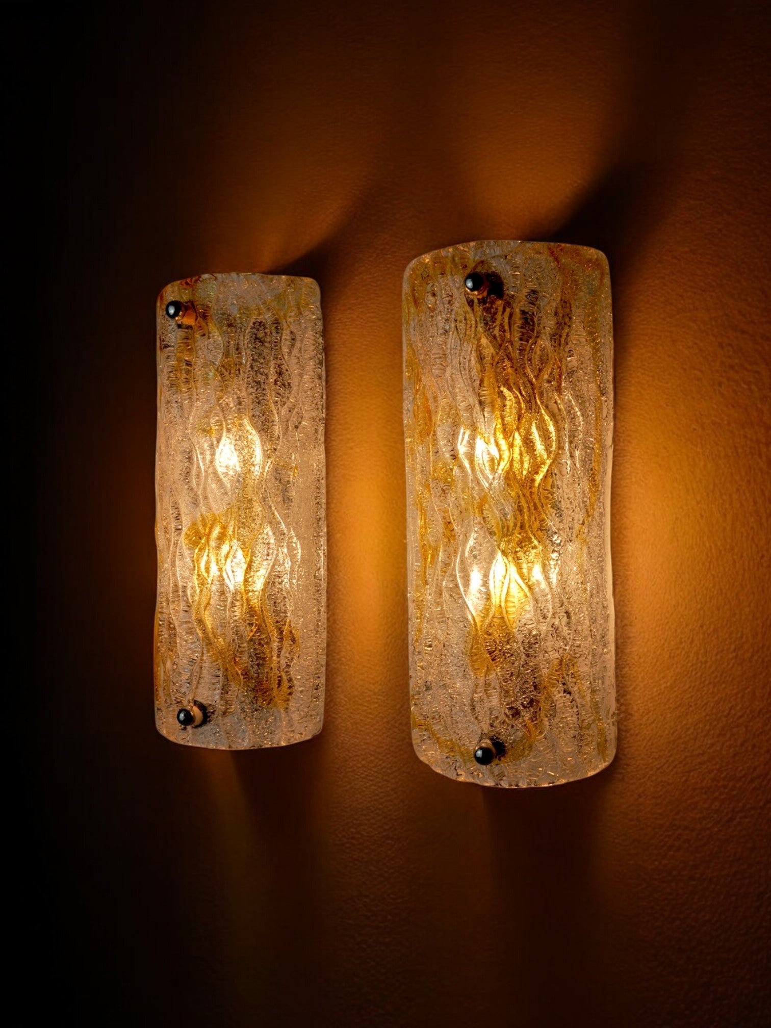 Pair of Mazzega sconces, orange Murano blown glass, Italy, 1960