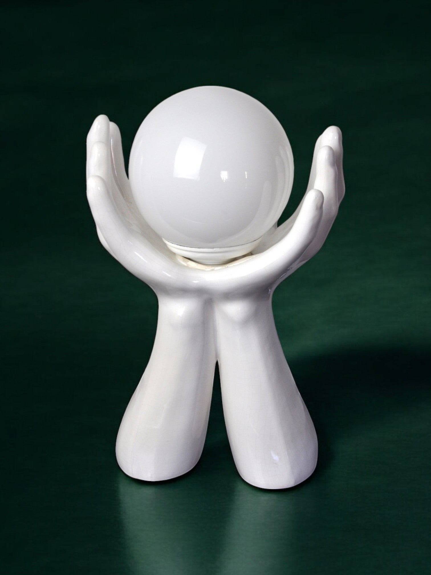 Hands lamp in white ceramic, opaline globe, France 1980
