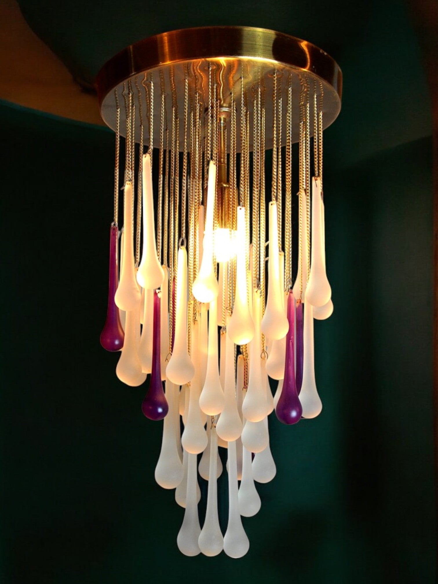 Cascading ceiling lamp by Venini, murano crystals, two-tone purple and white, Italy, 1960