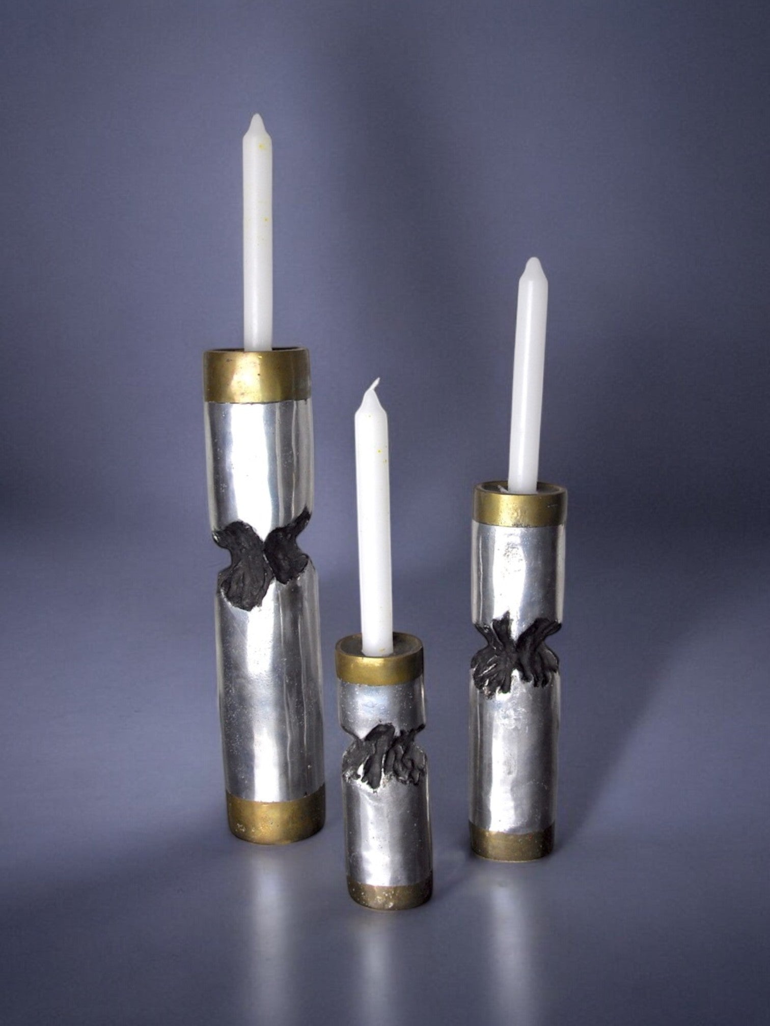 Trio of David Marshall brutalist candlesticks, Spain, 1970