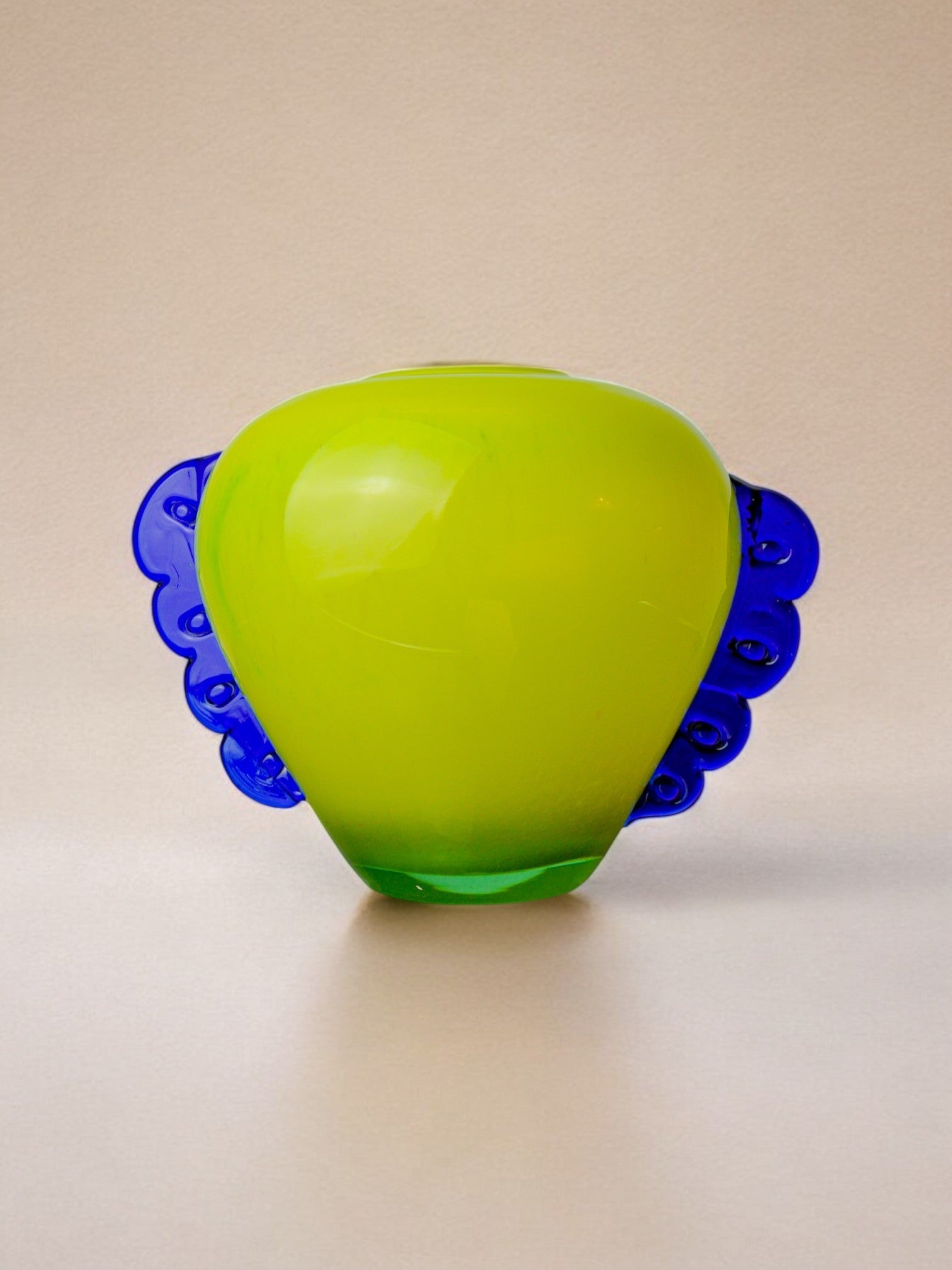 Orecchio vase in Murano glass, yellow and blue blown glass, Italy, 1970