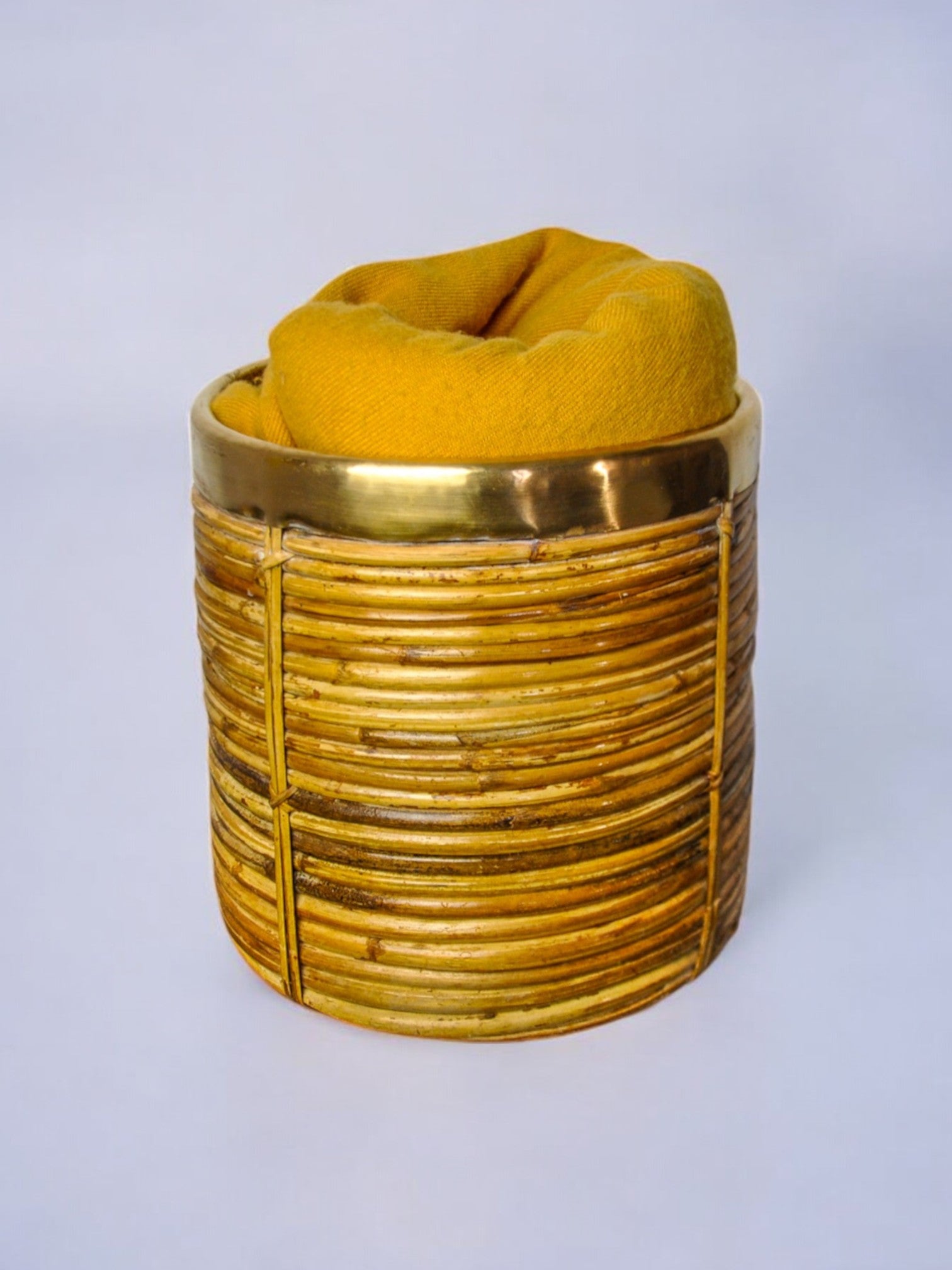 Rattan and brass basket, Italy, 1970, 25 cm diam