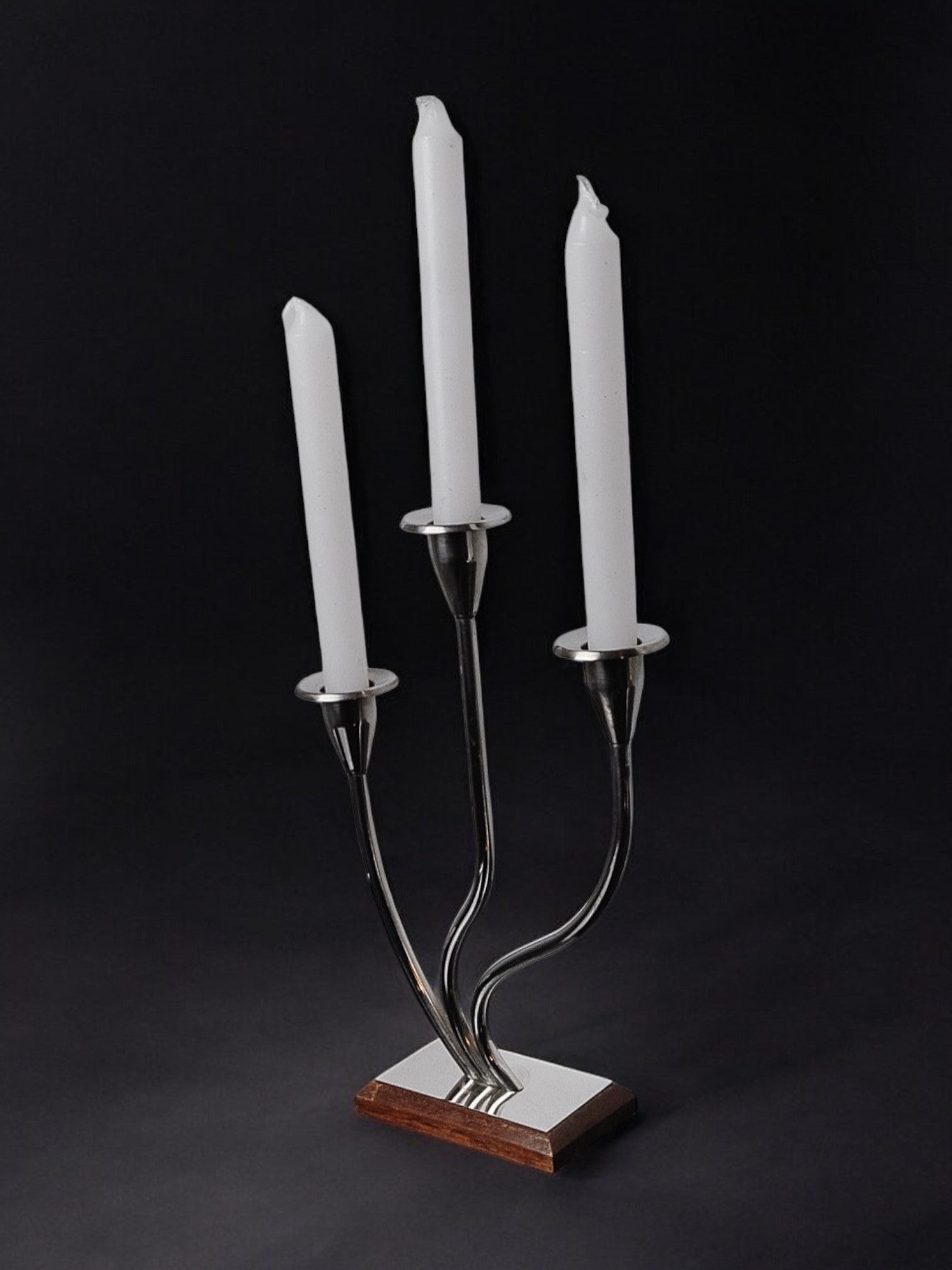 Art deco candle holder in stainless steel 3 flames, Spain, 1970