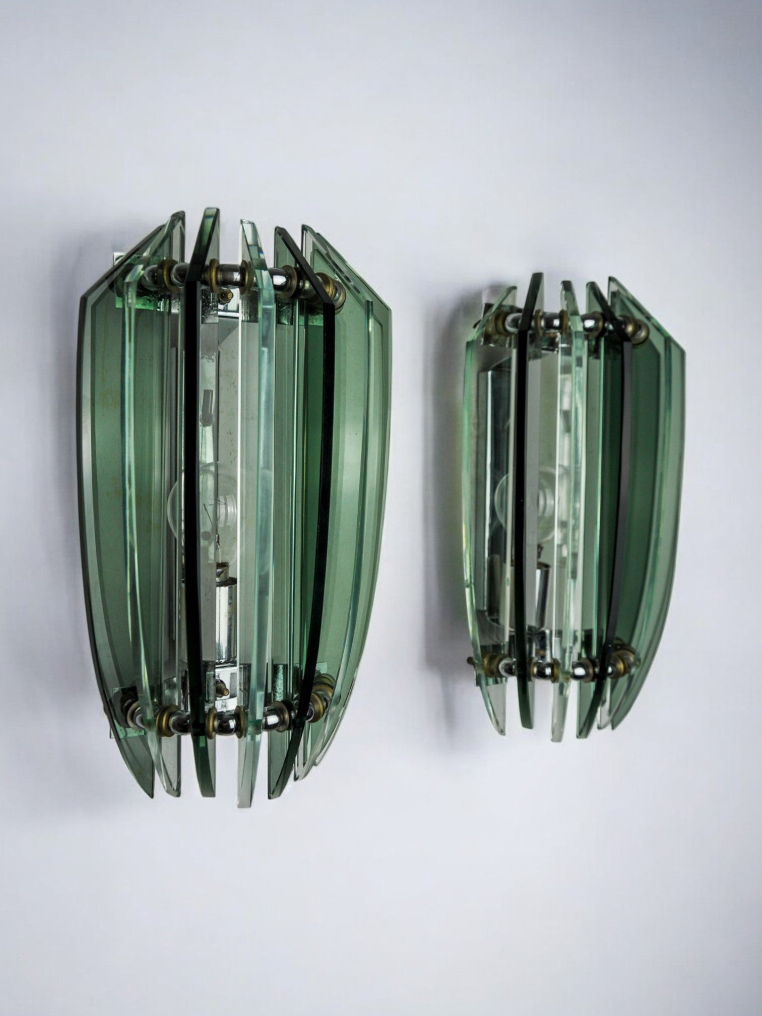 Pair of veca bicolor wall lamps, green murano glass, italy 1970
