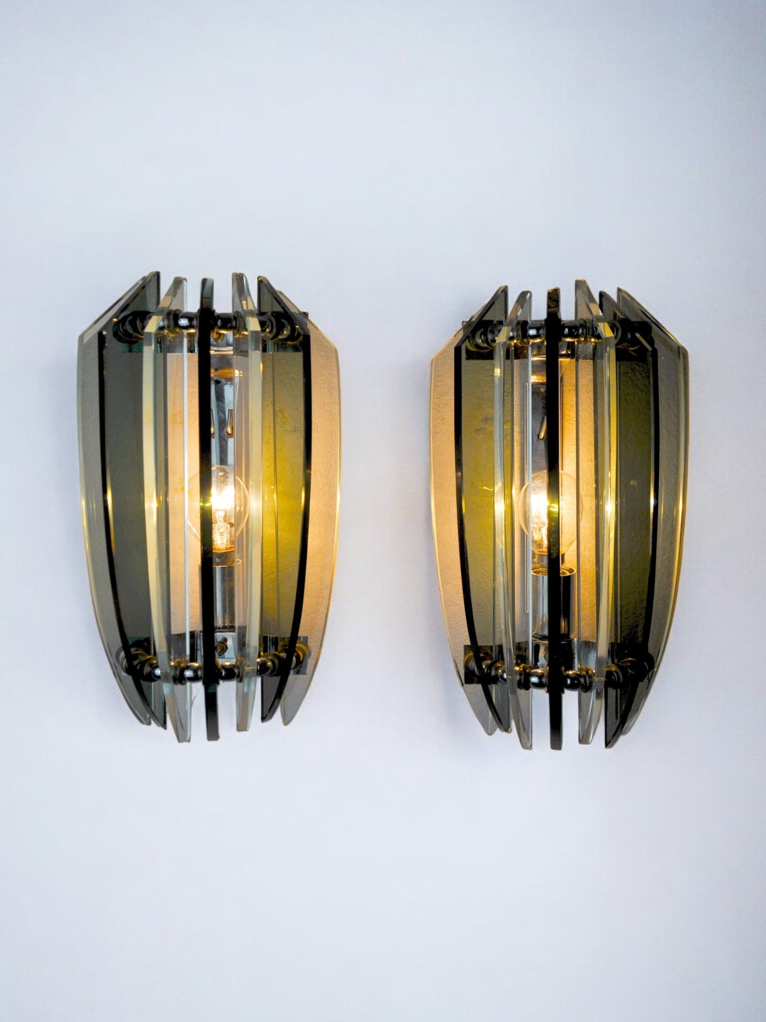 Pair of veca bicolor wall lamps, green murano glass, italy 1970