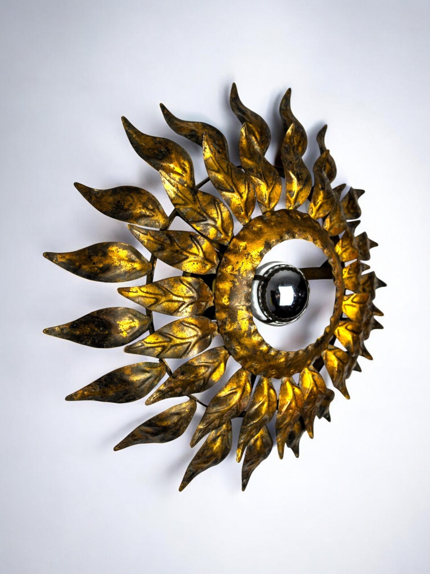 Sun wall lamp by ferro arte, metal and gold leaf, Spain, 1960