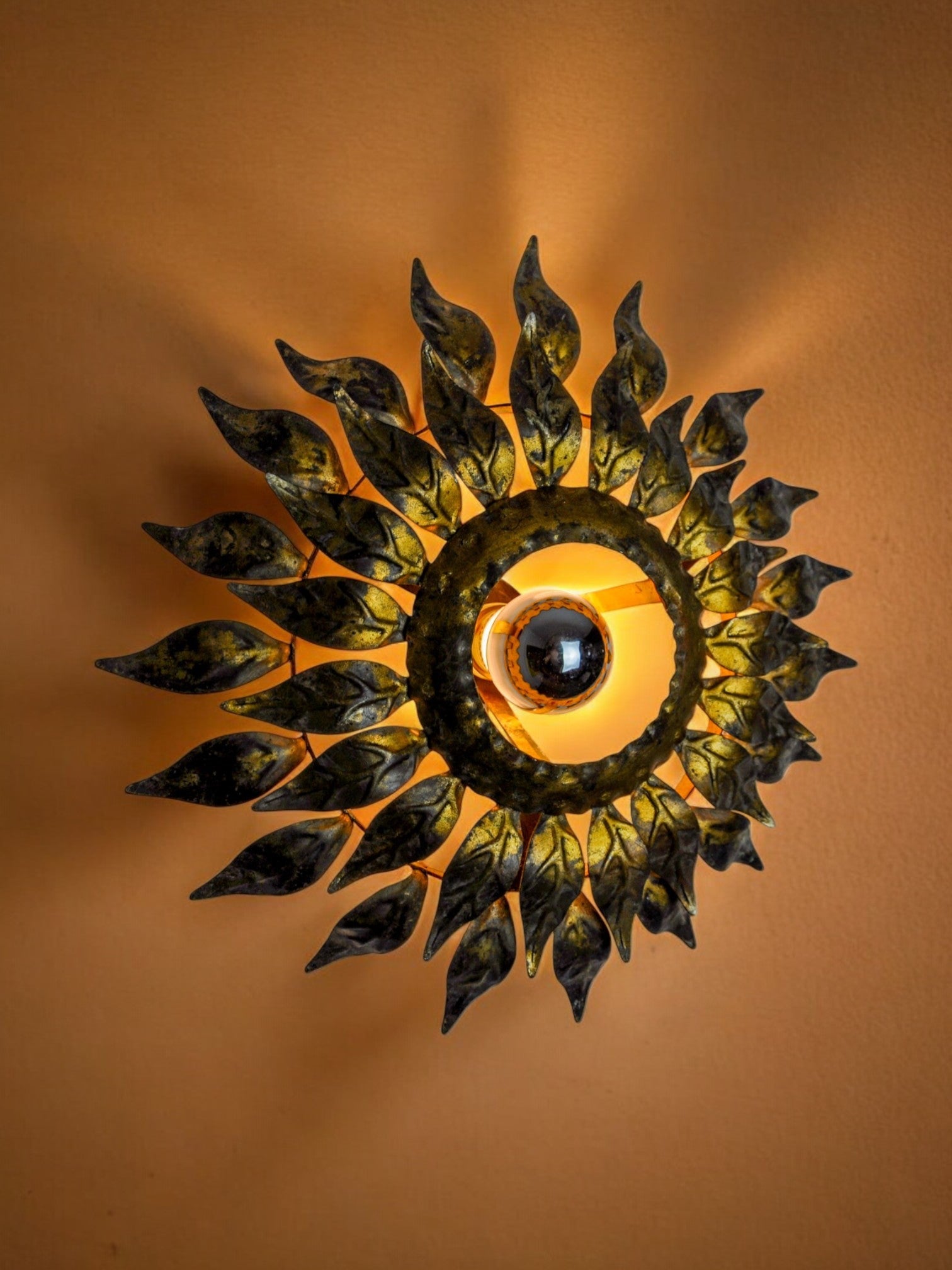 Sun wall lamp by ferro arte, metal and gold leaf, Spain, 1960
