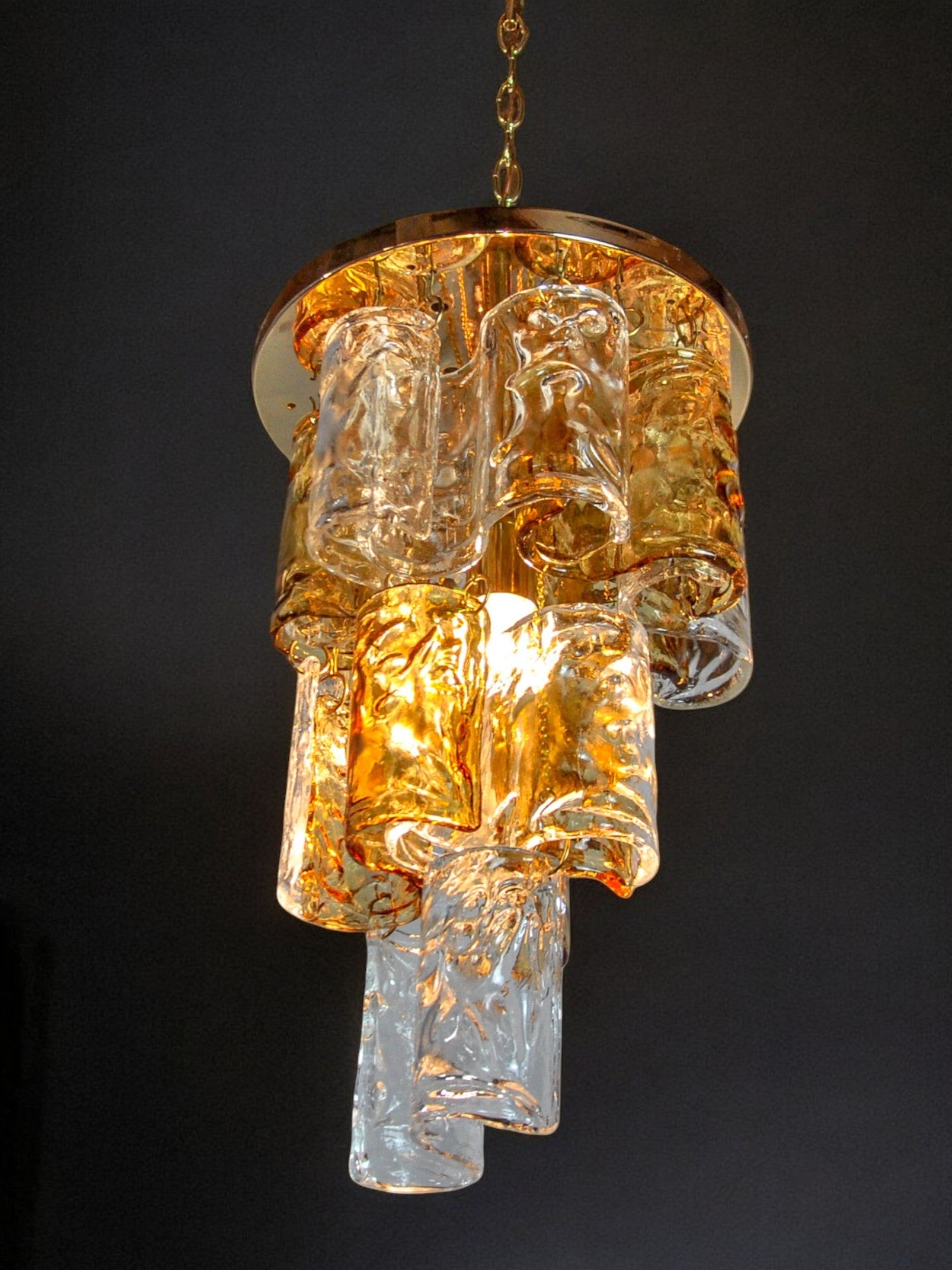 Two-tone chandelier by Zero Quattro, 3 levels, orange and transparent Murano glass
