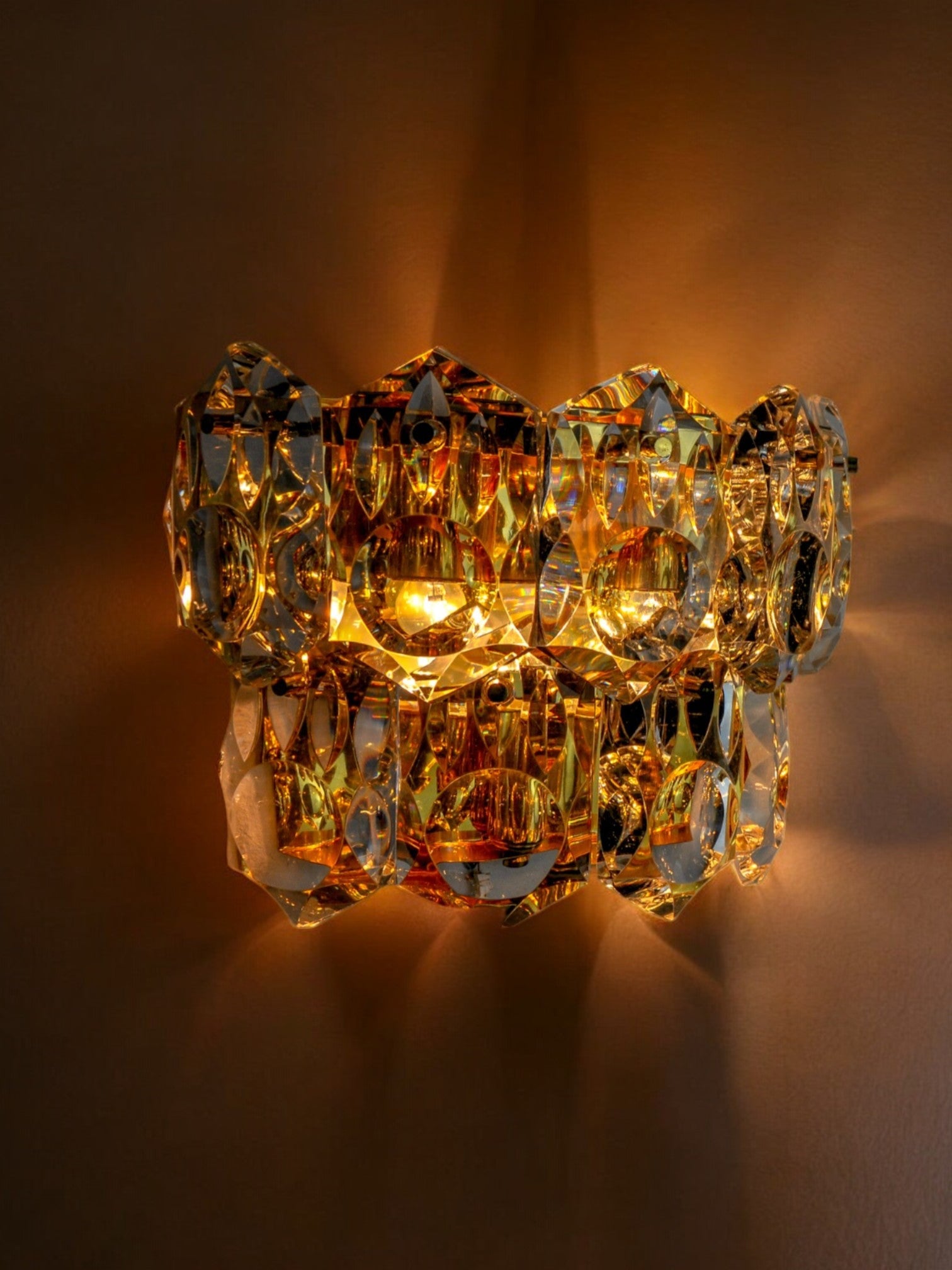 Pair of kinkeldey wall lamps, 2 levels, cut crystals germany, 1970