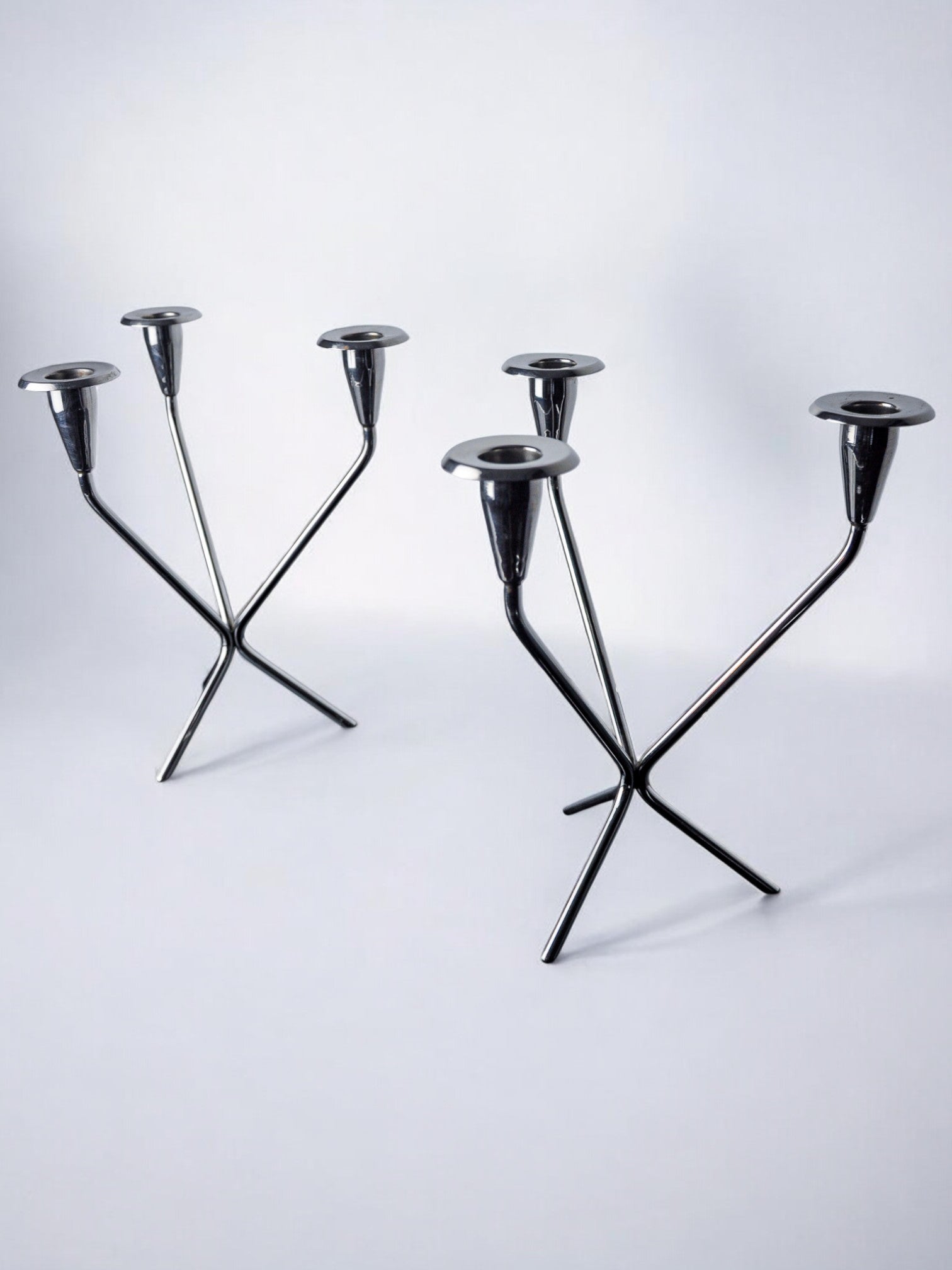 Pair of art deco stainless steel 3-flame candlesticks, Spain, 1970