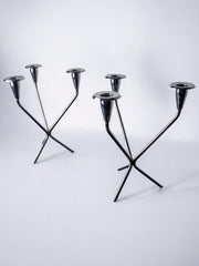 Pair of art deco stainless steel 3-flame candlesticks, Spain, 1970