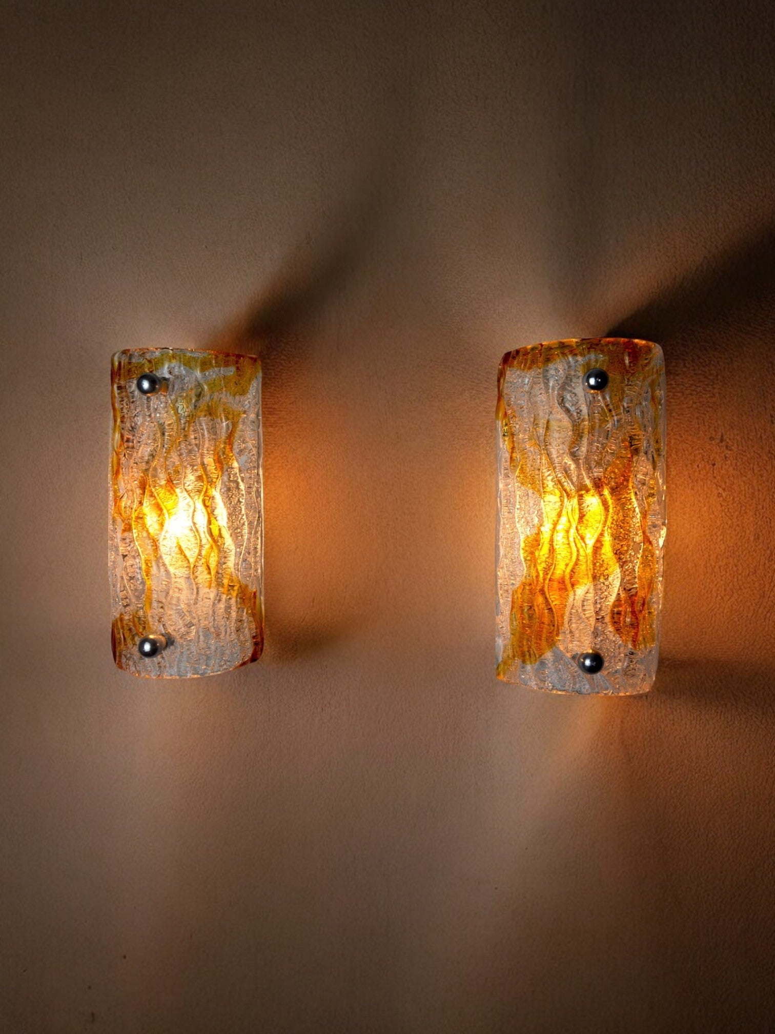 Pair of Murano Mazzega sconces, orange frosted glass, Italy, 1960