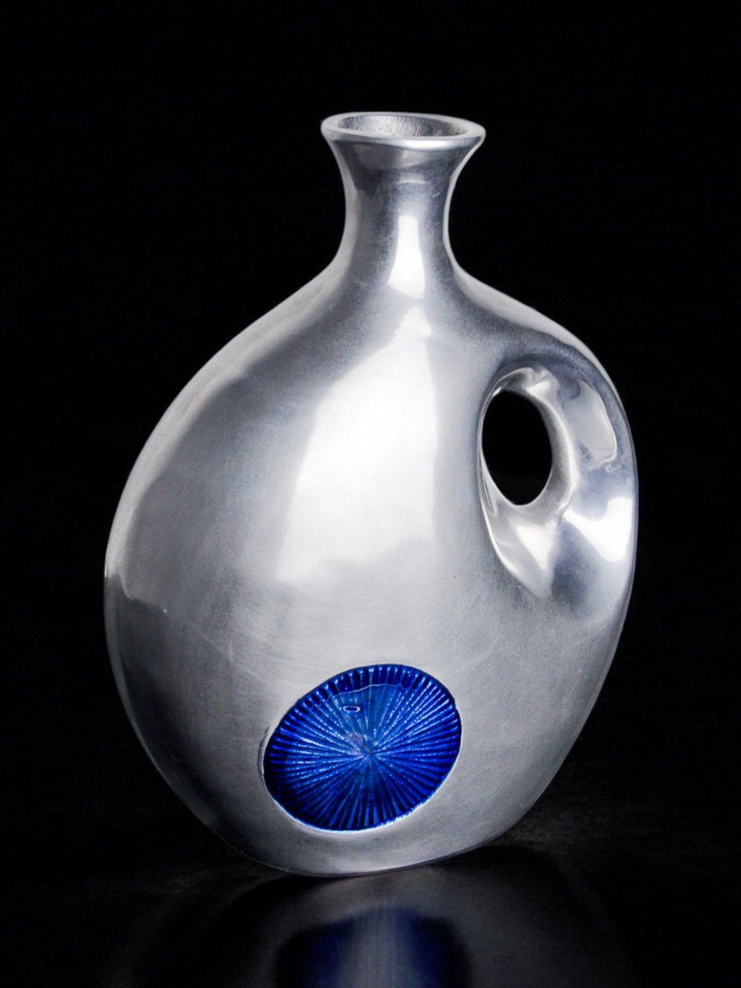 Biomorphic vase by Art3, aluminum and blue glazed ceramic, Spain, 1980