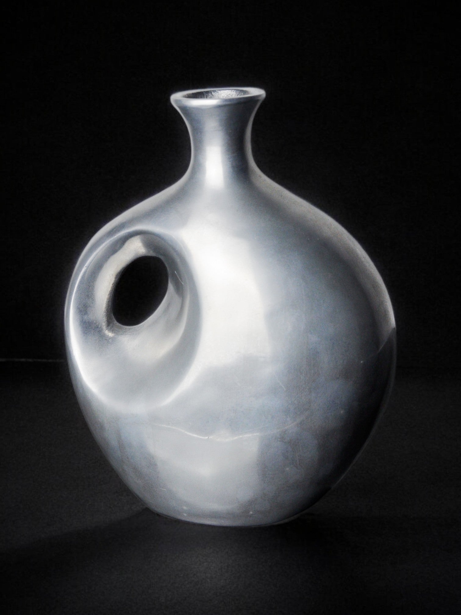 Biomorphic vase by Art3, aluminum and blue glazed ceramic, Spain, 1980