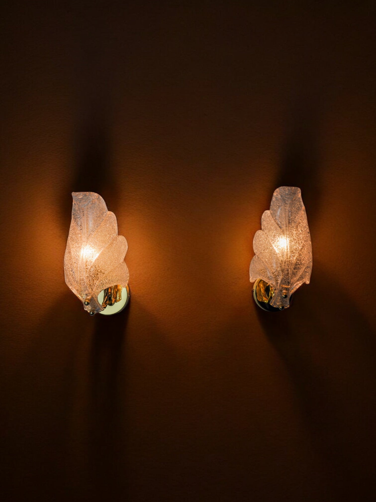 Pair of murano leaf sconces, frosted glass, italy, 1970