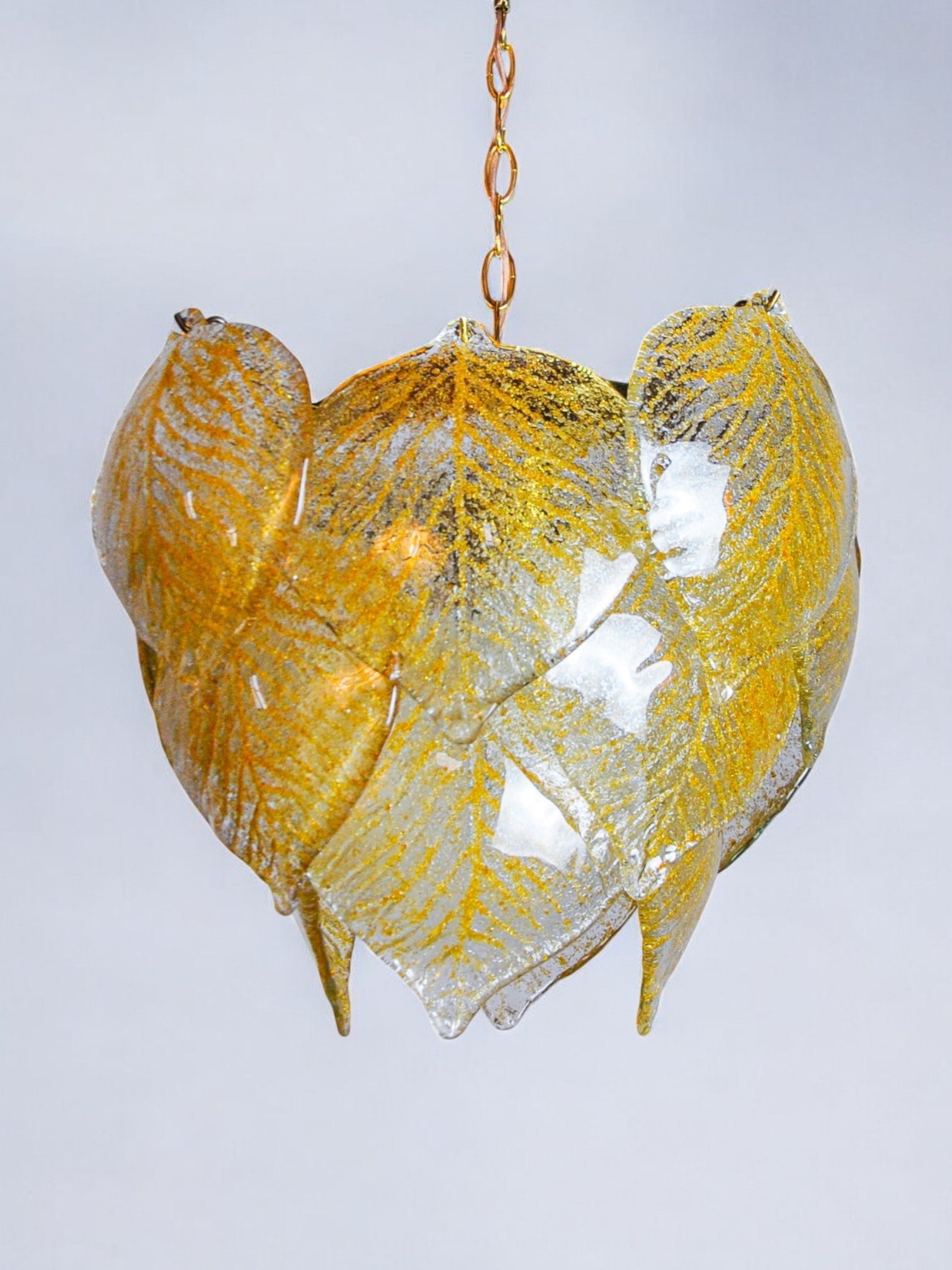 Murano Mazzega Floral chandelier, gilded frosted glass leaves, italy 1970