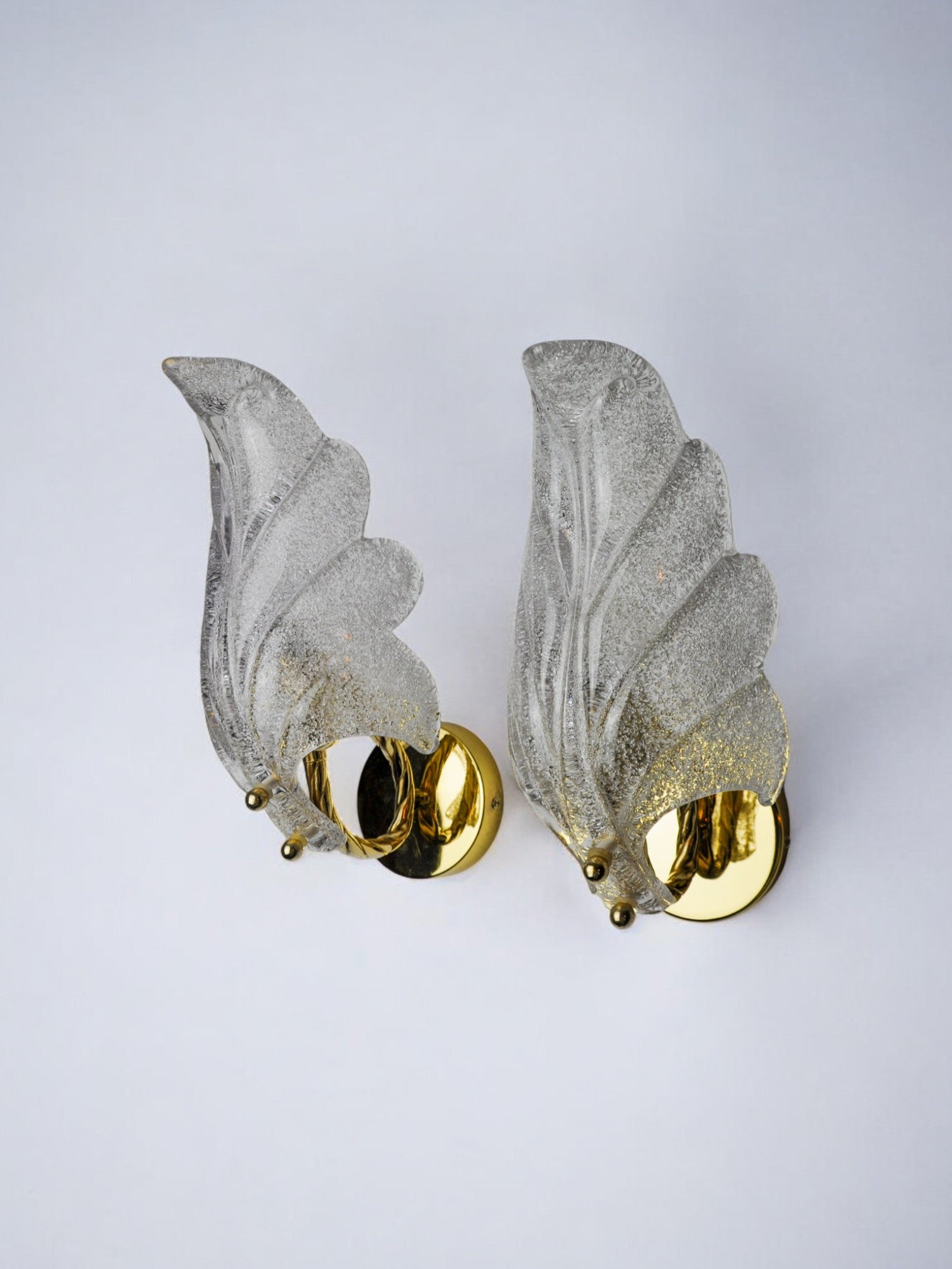 Pair of murano leaf sconces, frosted glass, italy, 1970