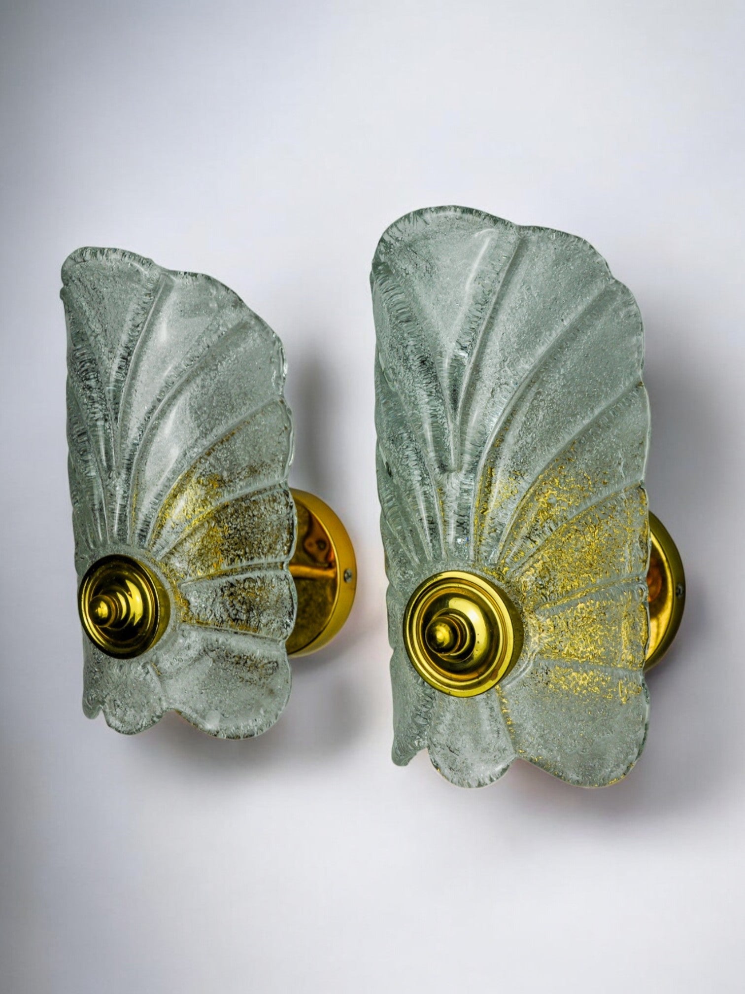 Pair of frosted leaf sconces, murano glass, italy, 1970