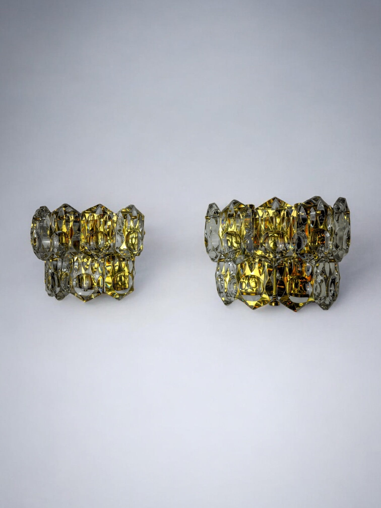 Pair of kinkeldey wall lamps, 2 levels, cut crystals germany, 1970