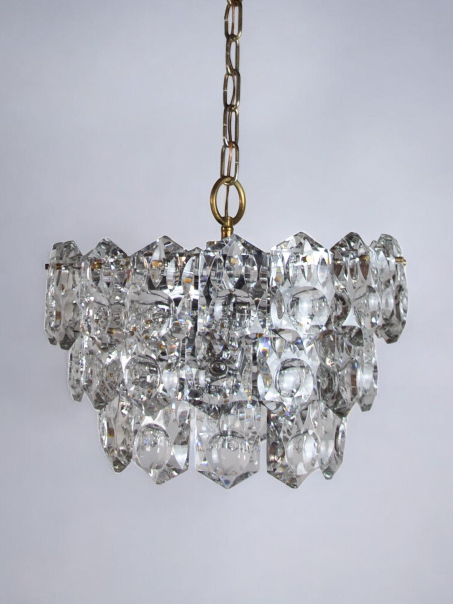 Golden Kinkeldey chandelier, cut glass, 3 levels, Germany, 1970