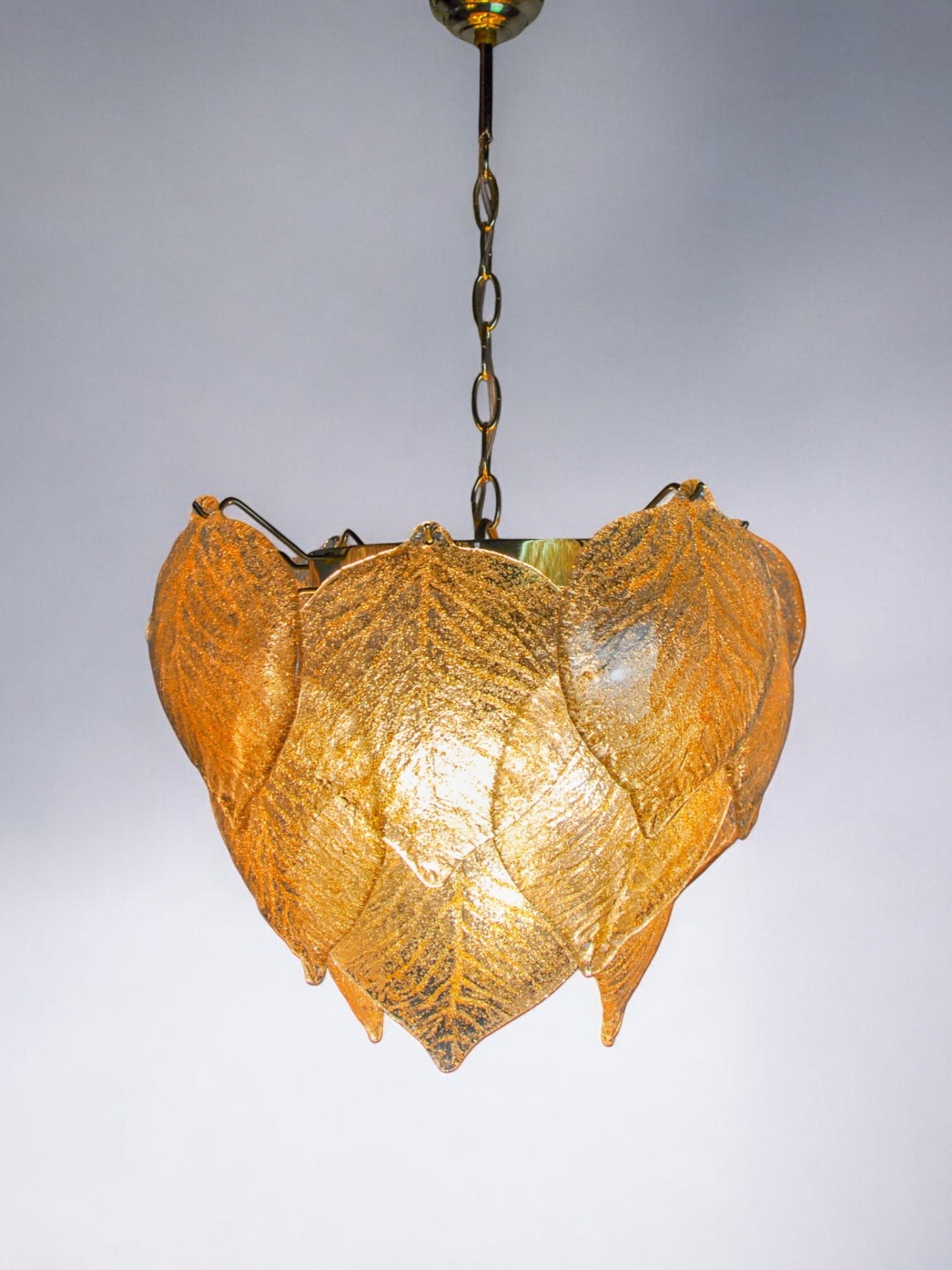 Murano Mazzega Floral chandelier, gilded frosted glass leaves, italy 1970