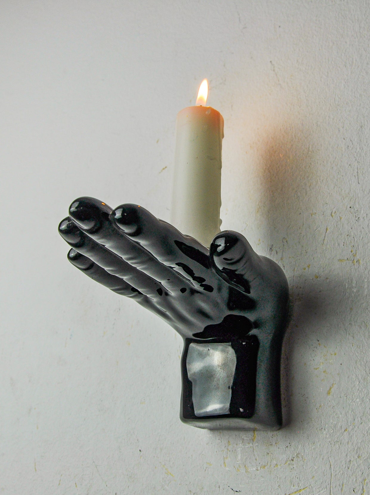 Main” wall candle holders, black ceramic, France, 1980