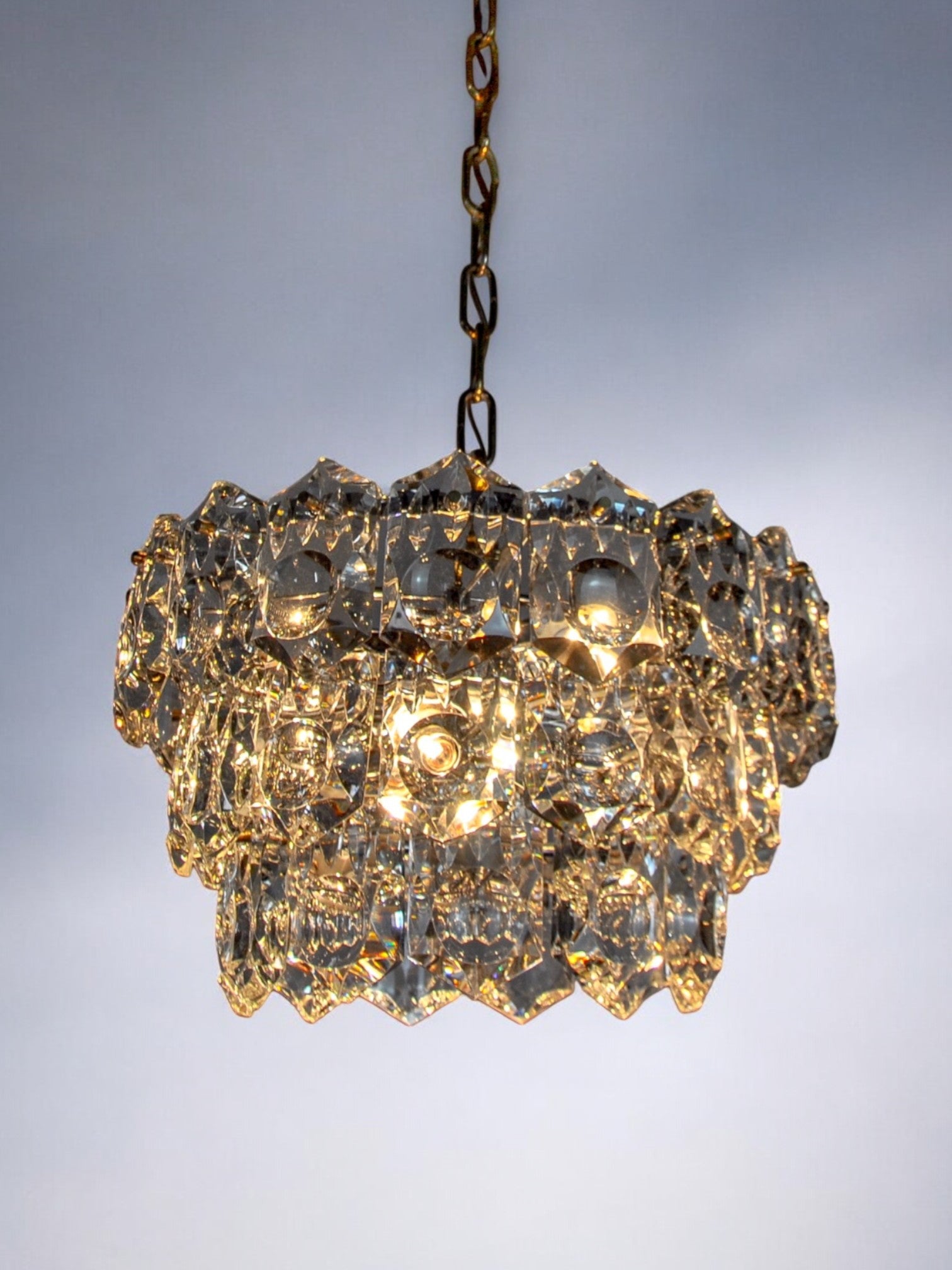 Golden Kinkeldey chandelier, cut glass, 3 levels, Germany, 1970