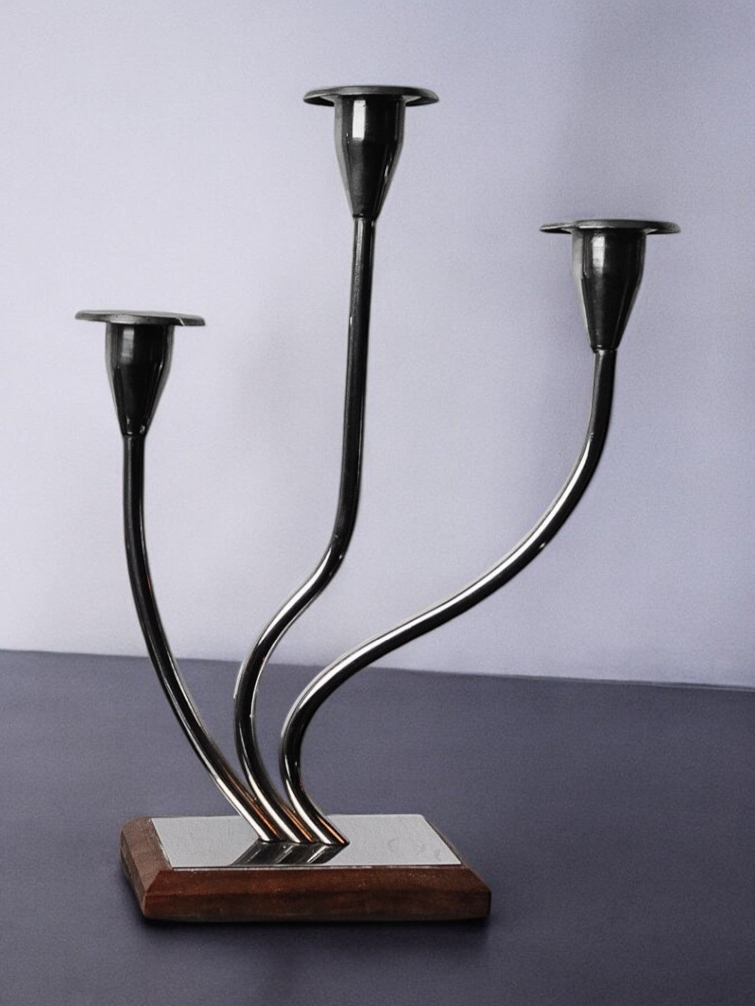 Art deco candle holder in stainless steel 3 flames, Spain, 1970