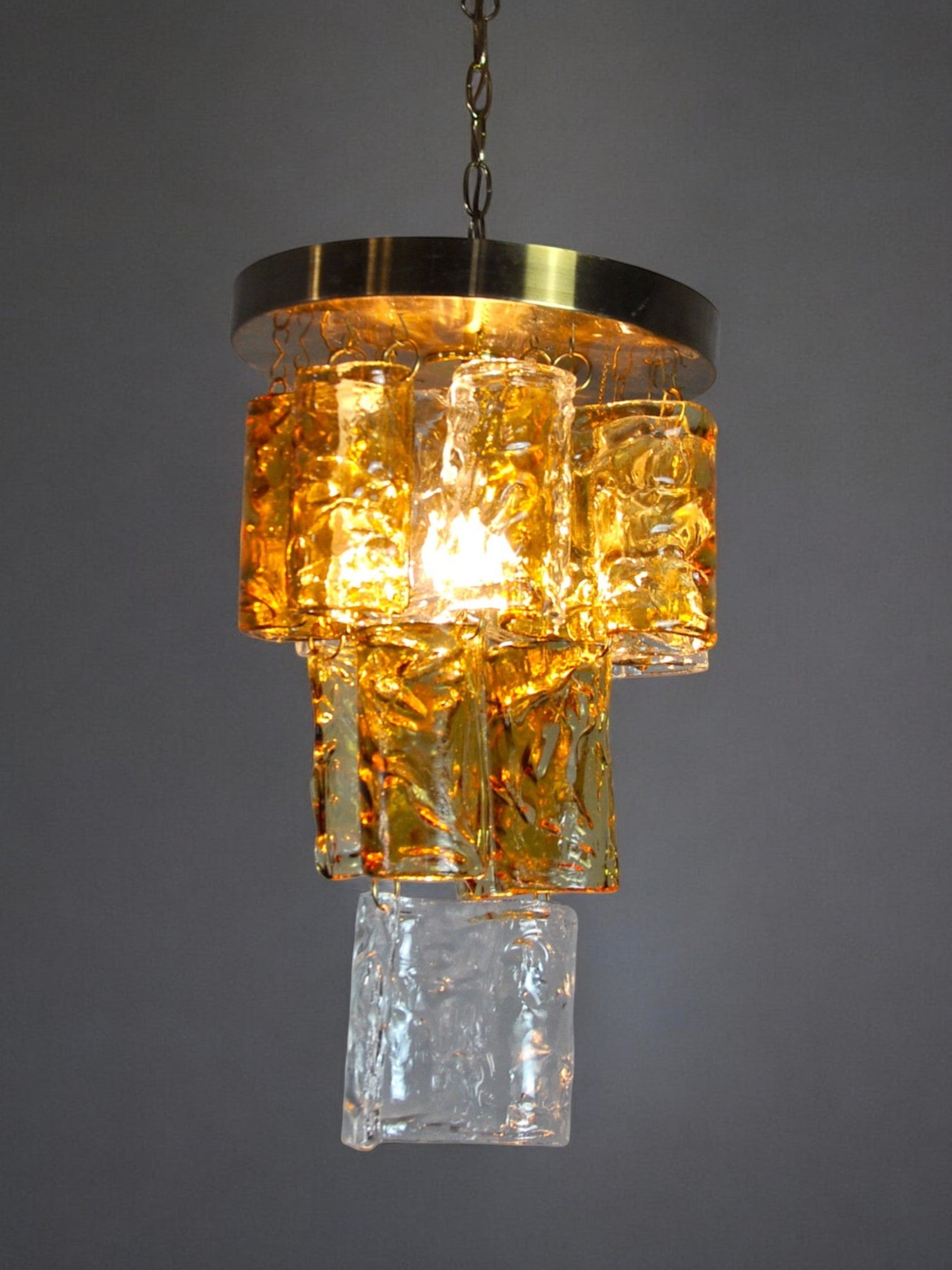 Bicolor chandeliers waterfall by zero quattro, orange and transparent murano glass, italy