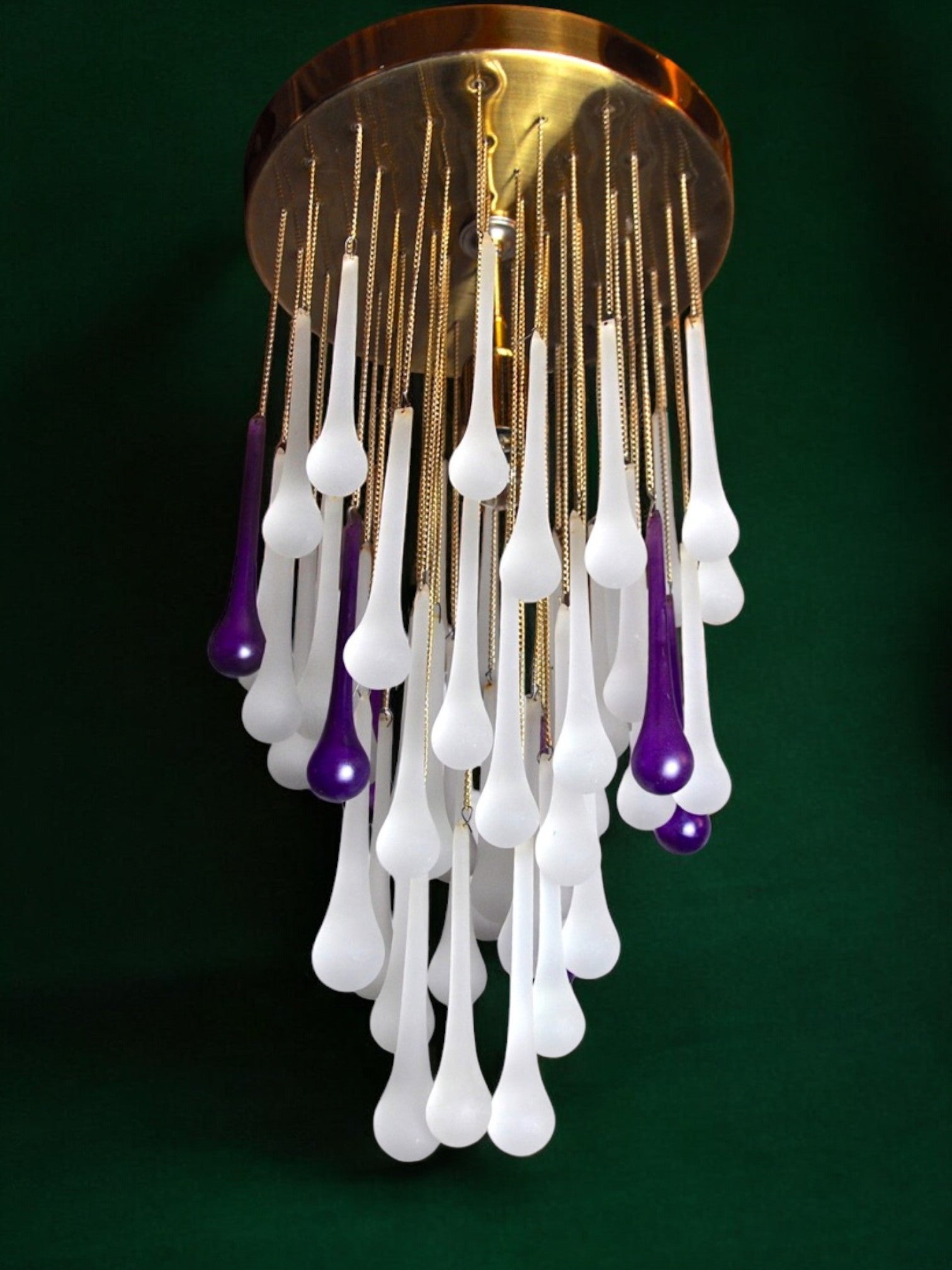 Cascading ceiling lamp by Venini, murano crystals, two-tone purple and white, Italy, 1960