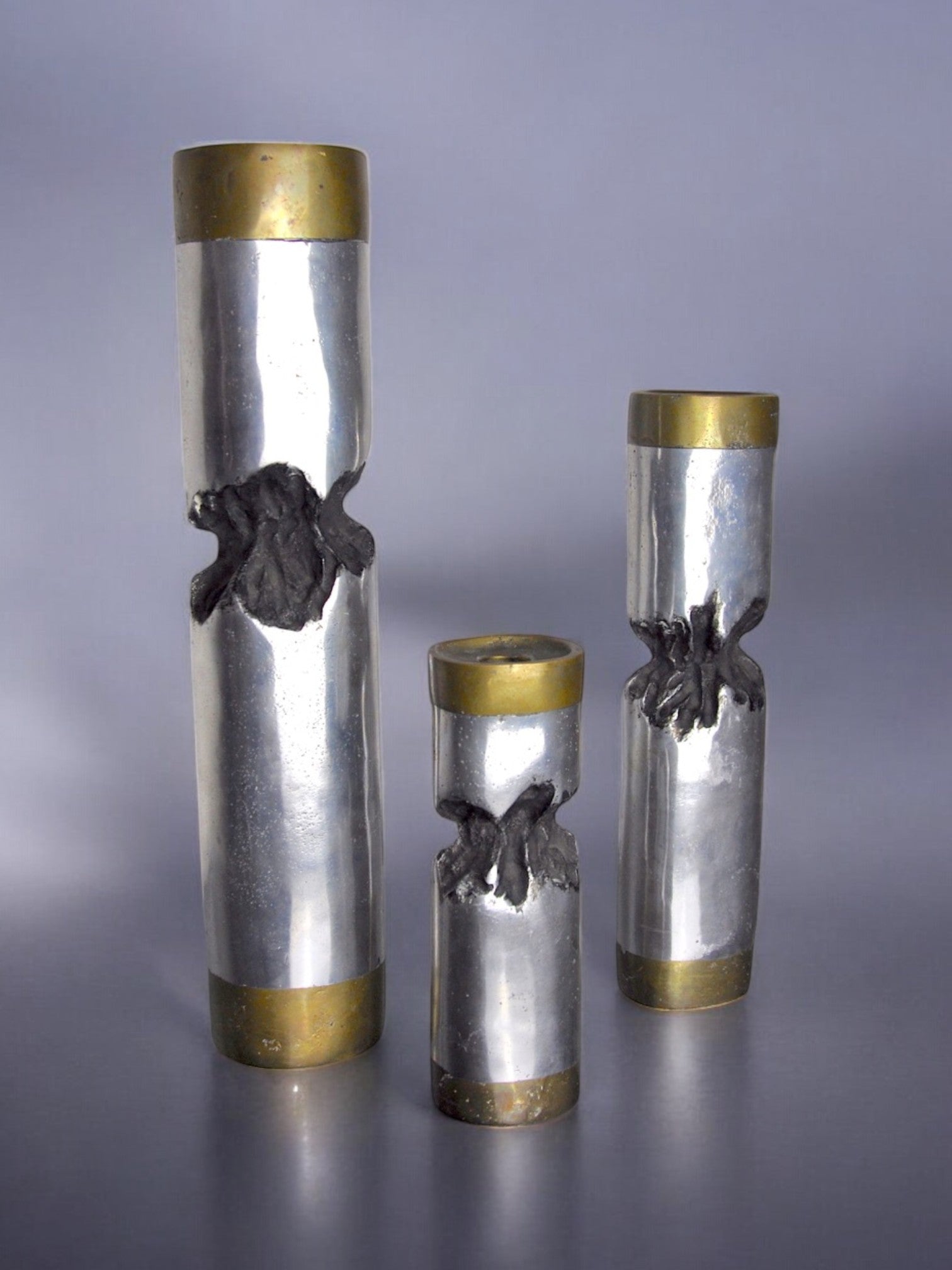 Trio of David Marshall brutalist candlesticks, Spain, 1970