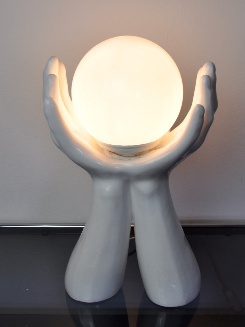 Hands lamp in white ceramic, opaline globe, France 1980