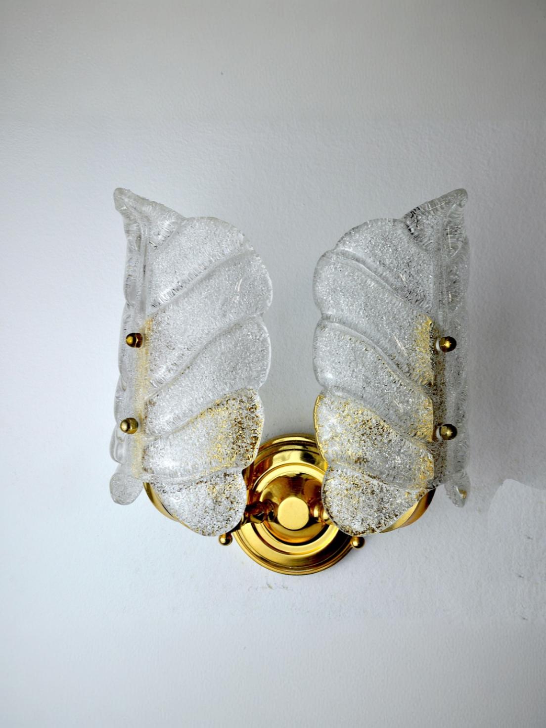 Carl Fagerlund flower wall lamp with frozen Murano glass, Italy 1970