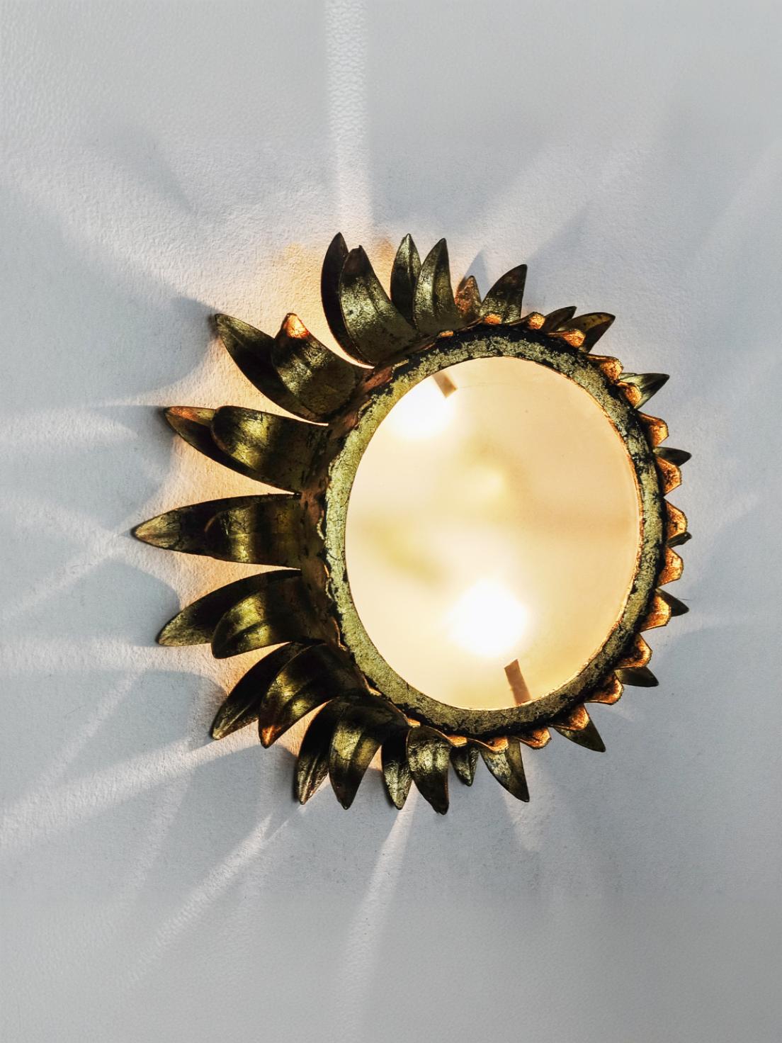 Wall lamp sun by ferro arte, metal and gold leaf, spain, 1960