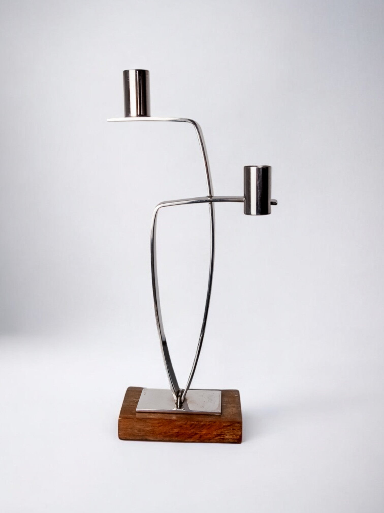 Candlestick in stainless steel and rosewood, 2 flames, Denmark, 1970's