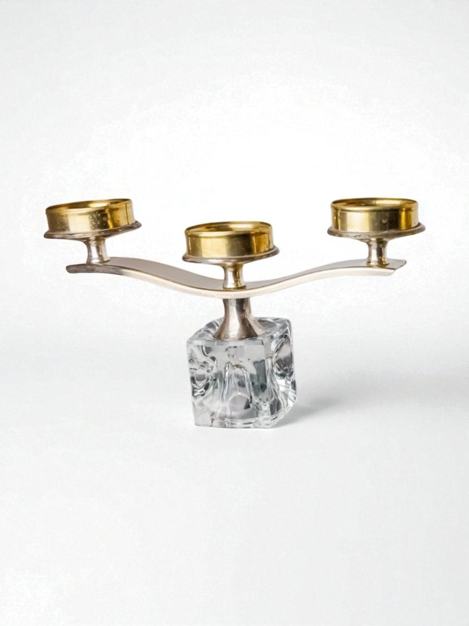 Ice cube candle holder by Peill & Putzler, 3 flames, glass and silver metal, Germany, 1970's