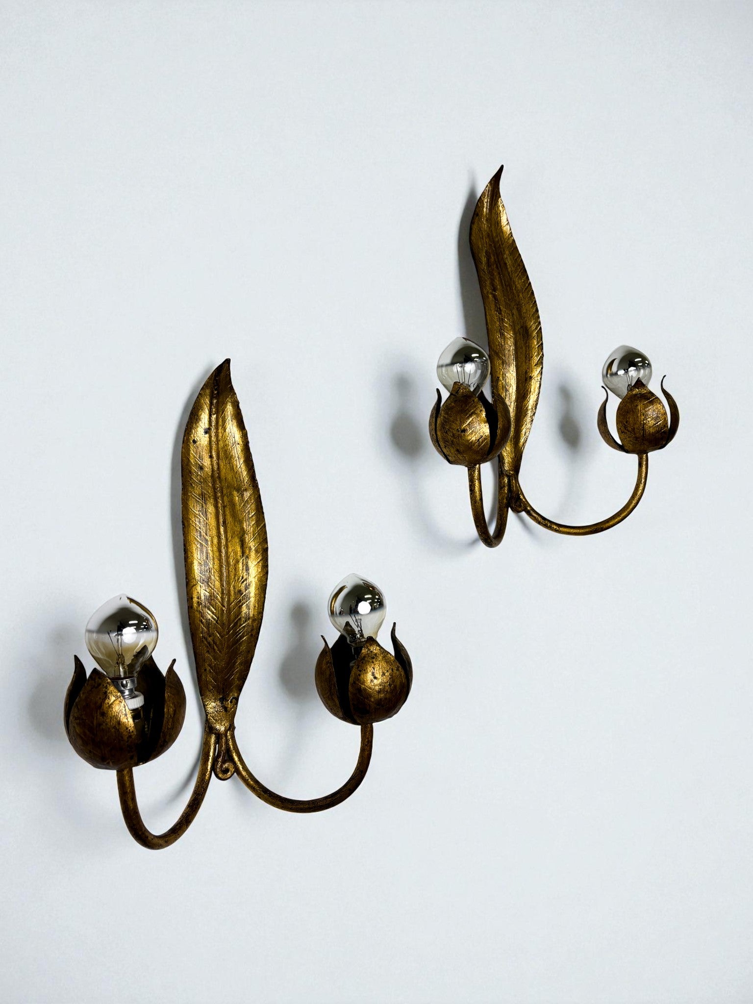 Pair of Spanish Foliage Wall Sconces, Leaf Arms & Bud Shades, Gilt Iron, 1960s