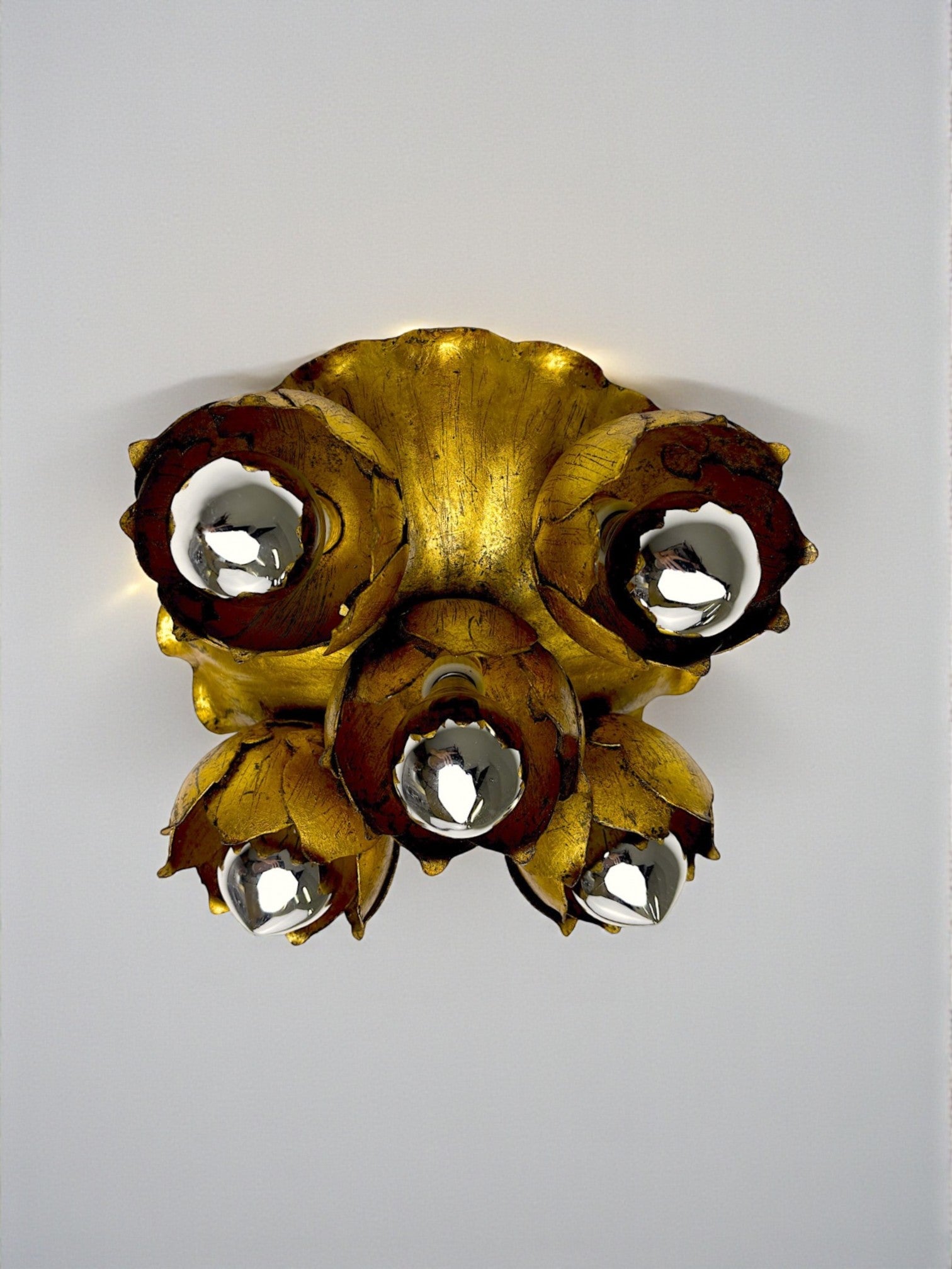 Pair of French Floral Bouquet Five-Light Ceiling or Wall light, Gilt Iron, 1940s
