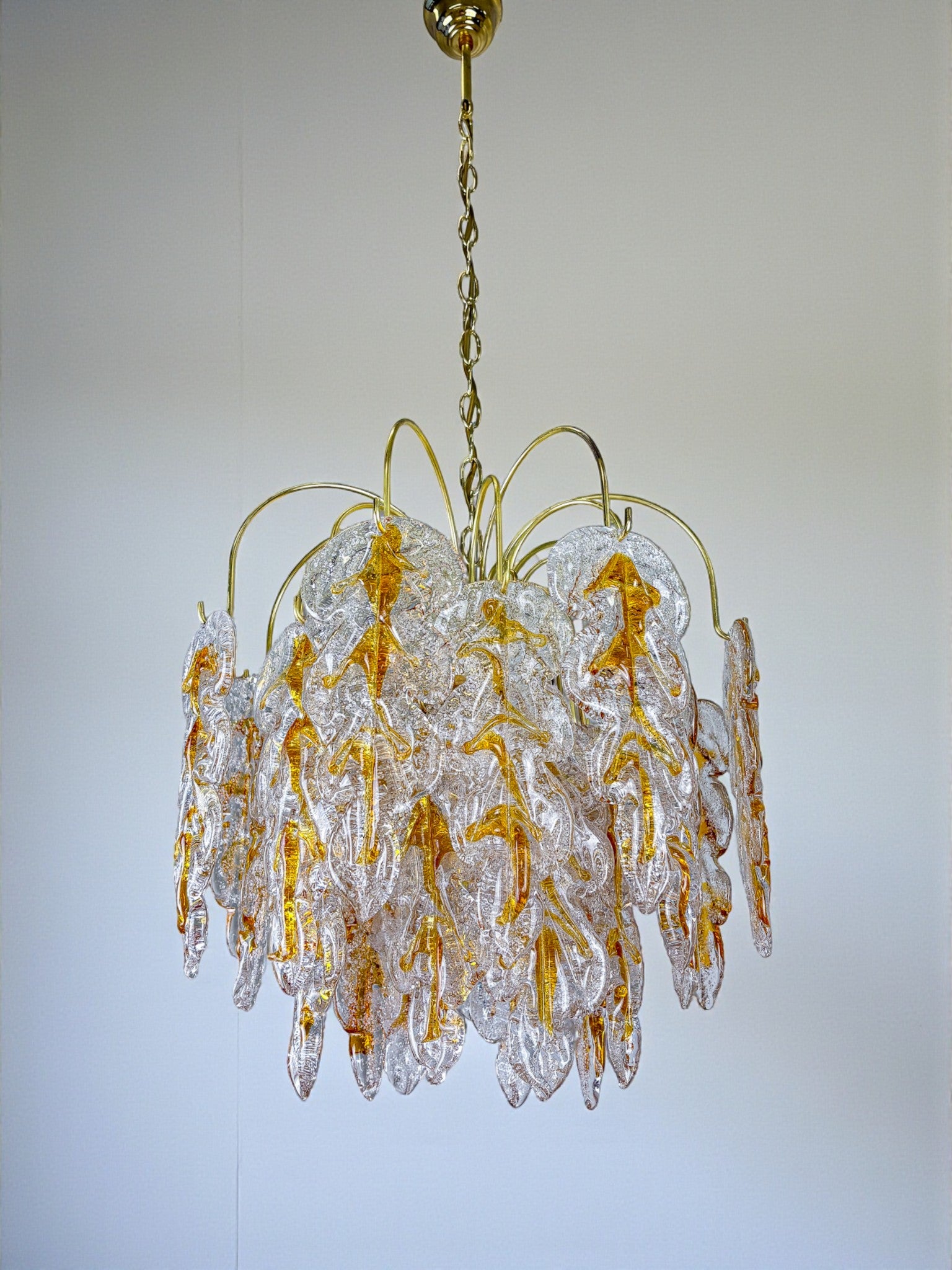Floral Mazzega Murano Glass Cascade Chandelier, Frosted Orange Leaves & Gilded Metal, Italy, 1970s