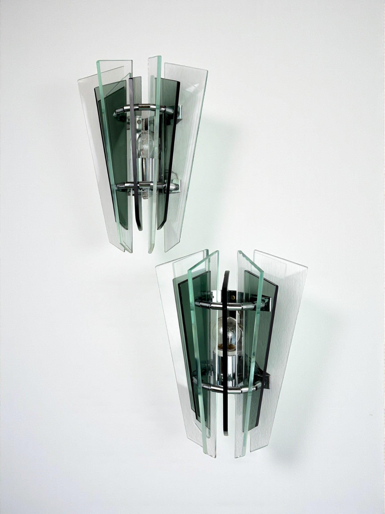 Pair of Veca Wall Lamps – Green Murano Cut Glass, Italy 1970