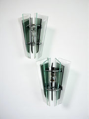 Pair of Veca Wall Lamps – Green Murano Cut Glass, Italy 1970