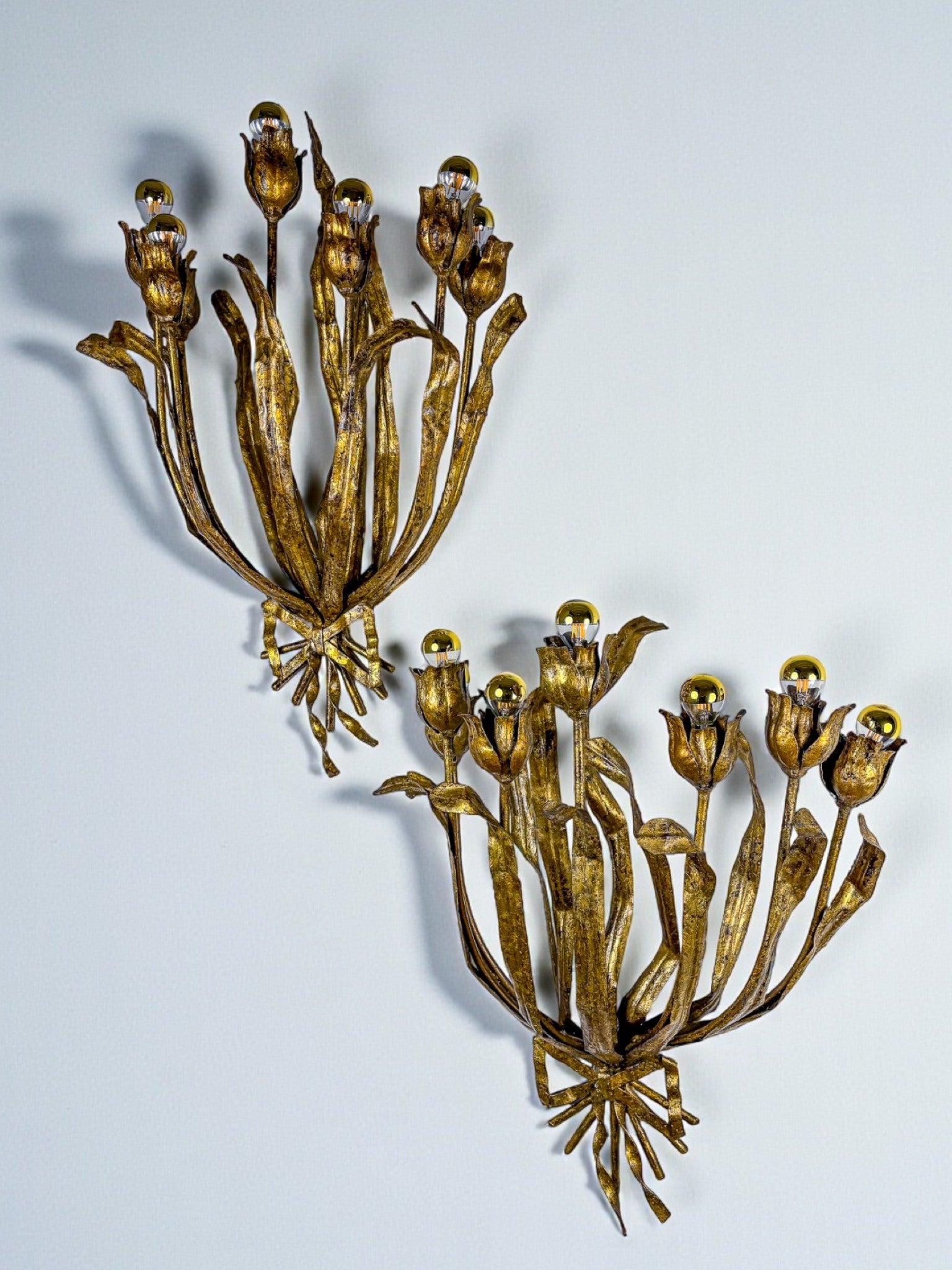 Monumental Pair of Gilt Metal "Tulip Bouquet" Wall Sconces, 7 Lights, Italy 1950s