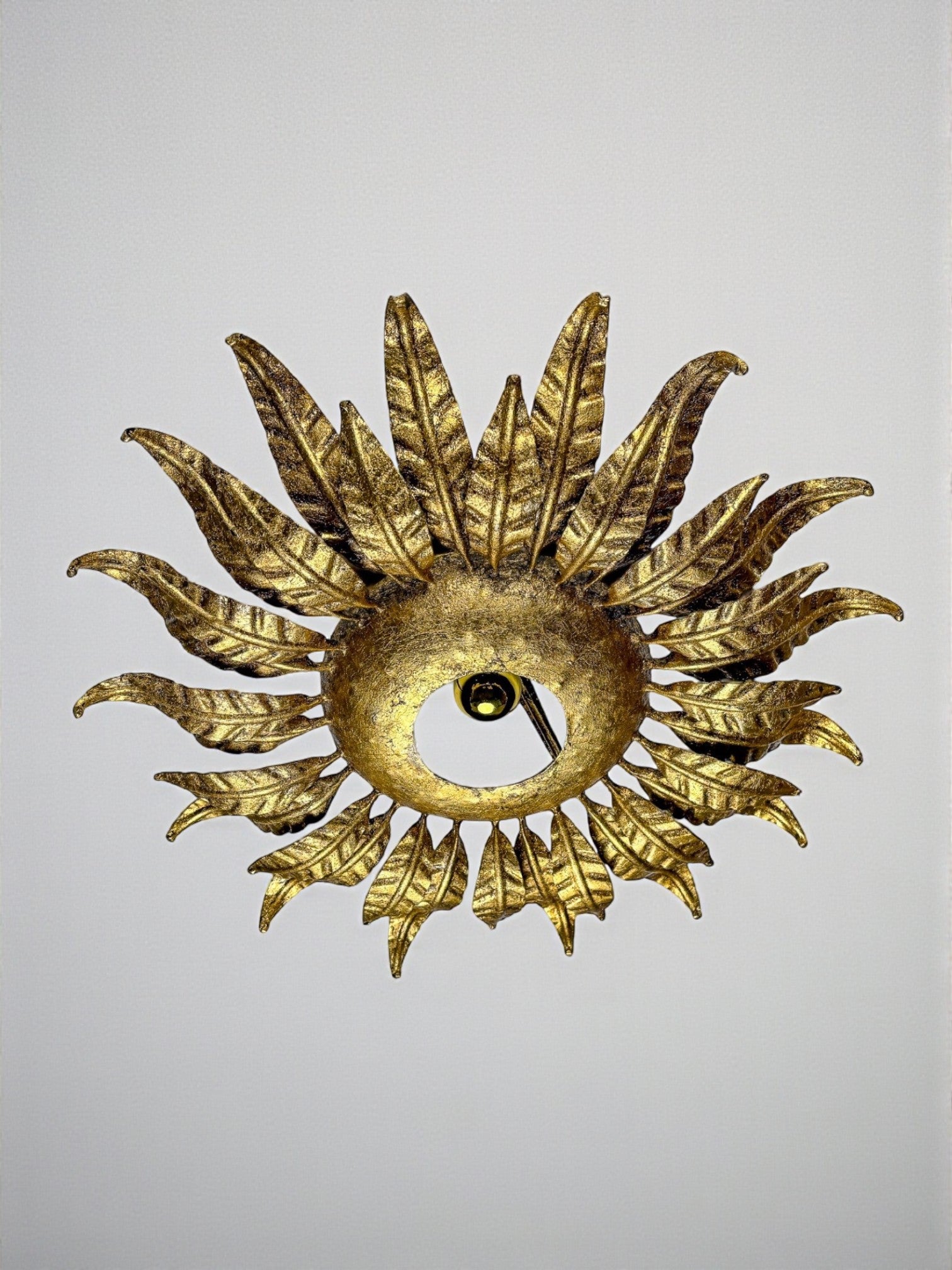 Spanish Sunburst ceiling light fixture or sconce in Gilt Wrought Iron, Circa 1950's