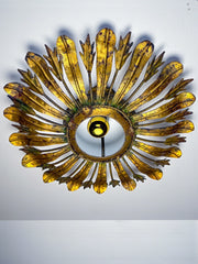 Midcentury Sunburst Floral Flush Mount Light Fixture, Gilt Iron, Italy, 1940's