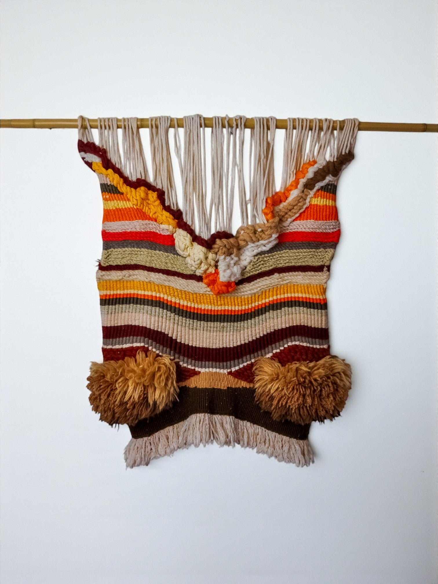 Textured macrame wall hanging, brown & orange wool, Spain, 1970s